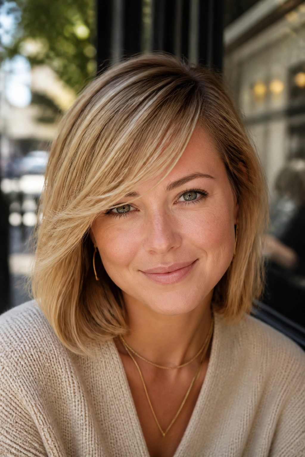 Close-up of a real woman with honey blonde side-swept fringe, warm sunlight.