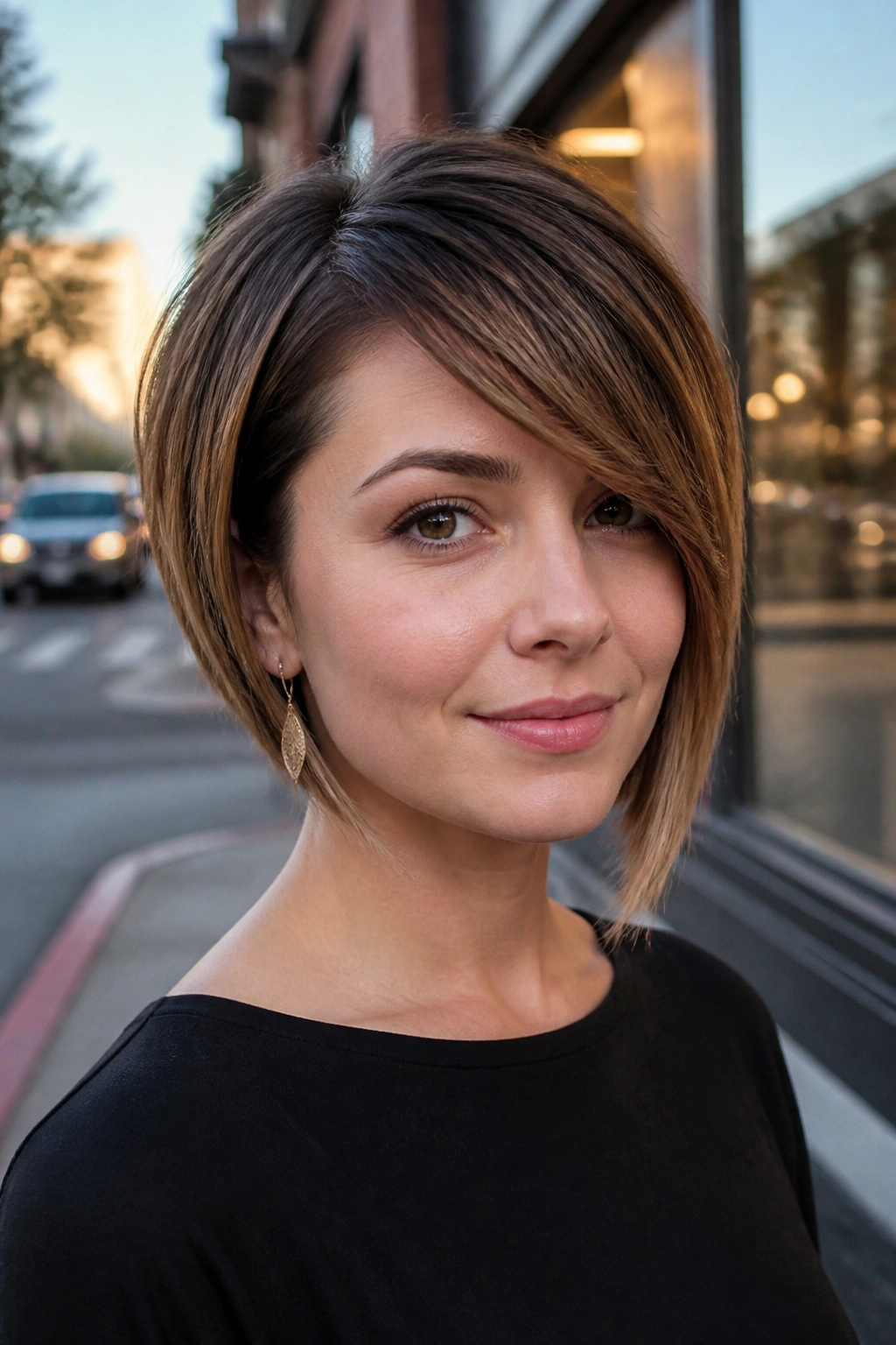 Close-up portrait of a woman with a side-swept fringe inverted bob.