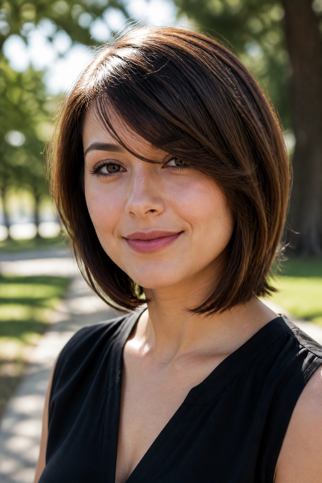 Close-up of a real woman with layered bob and side-swept fringe
