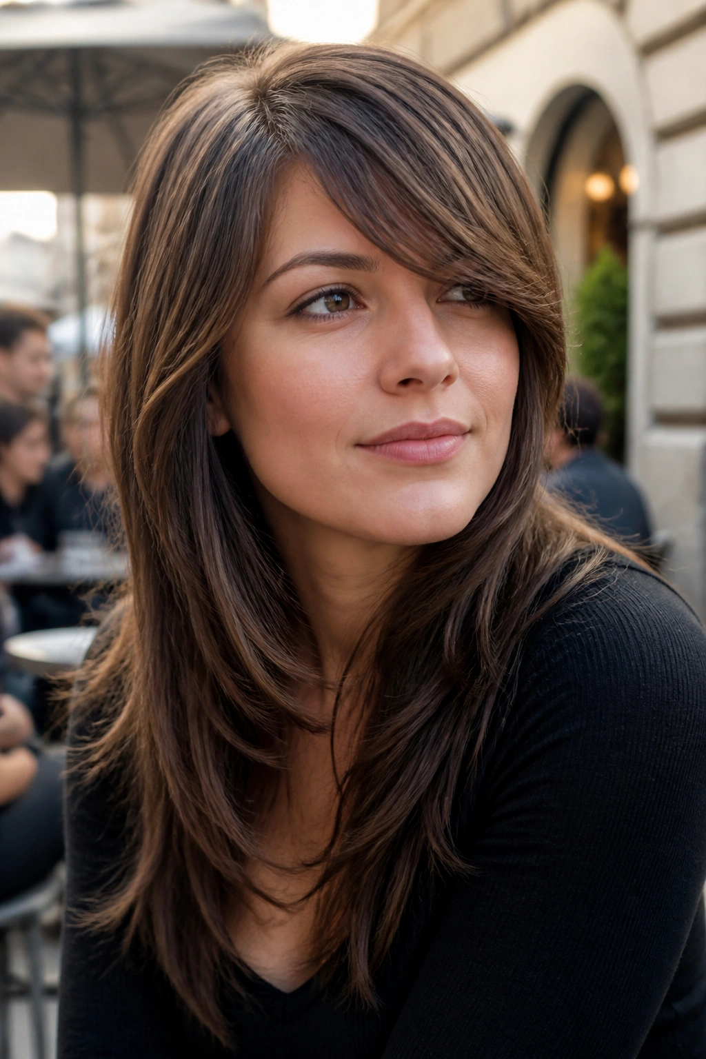 Real person with side-swept fringe and long layers.