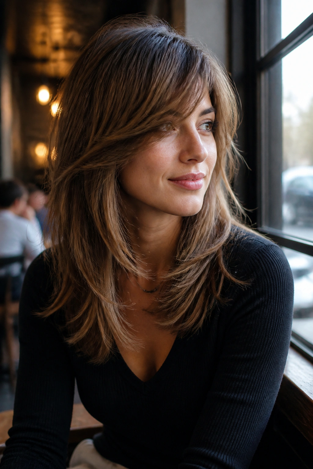 Thick hair with side-swept fringe and medium layers framing the face