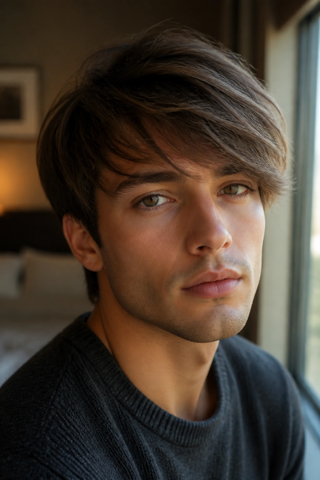 Man with side-swept fringe layers in natural window light