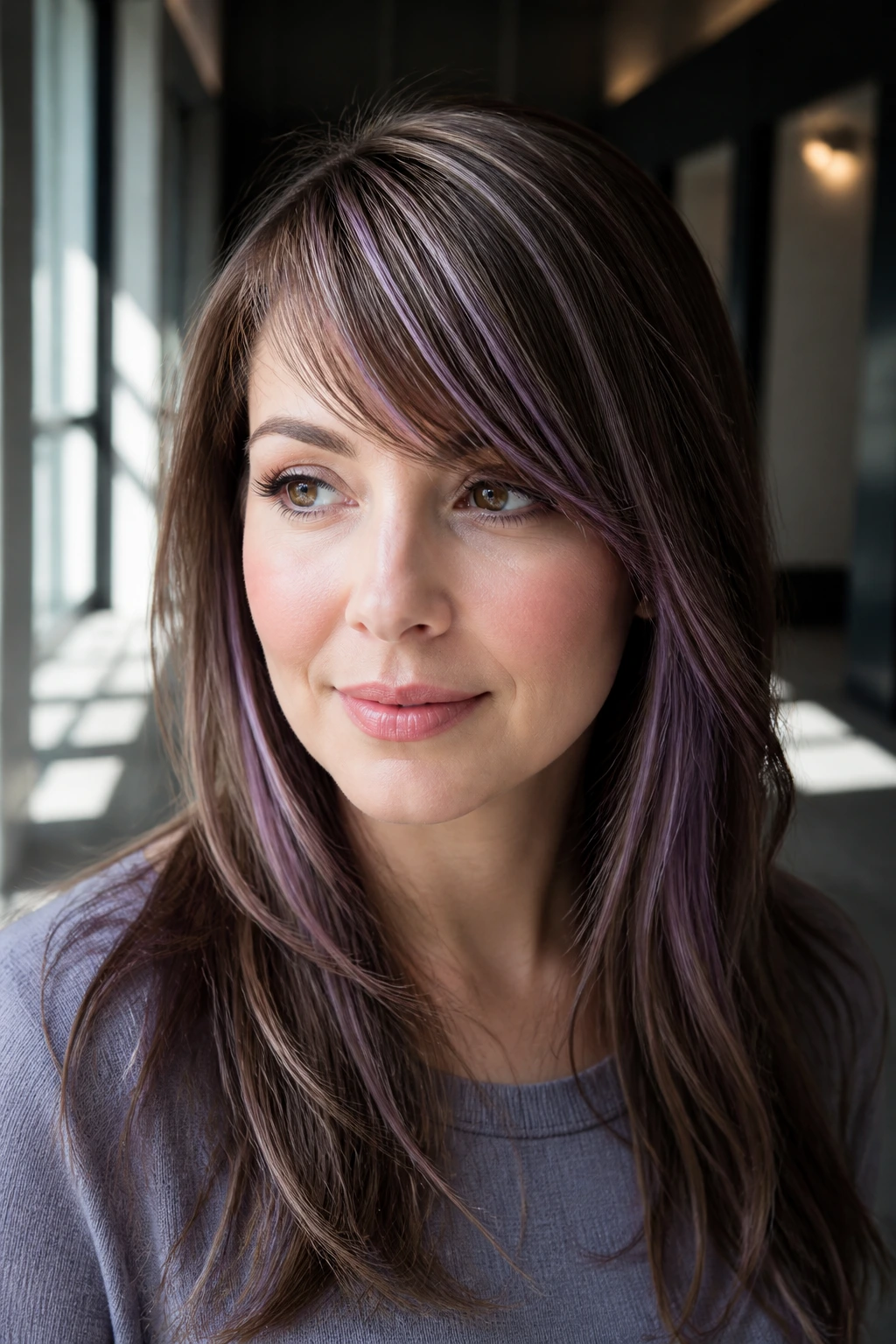 Close-up of a real woman with side-swept fringe and lilac streaks