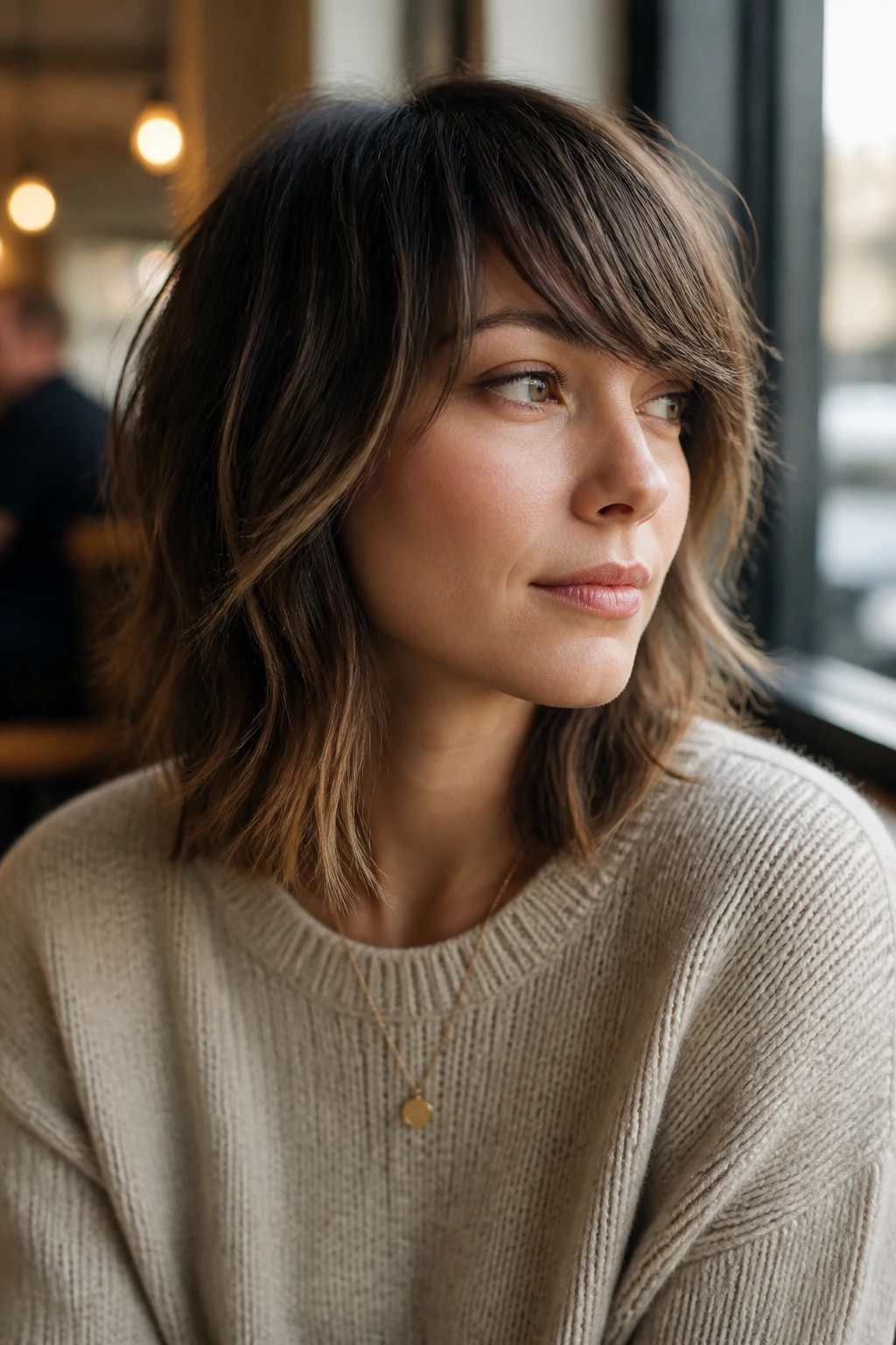 Portrait of a real woman with side-swept fringe lob, fringe starting at brow and tilting toward cheekbone, in cafe window light.