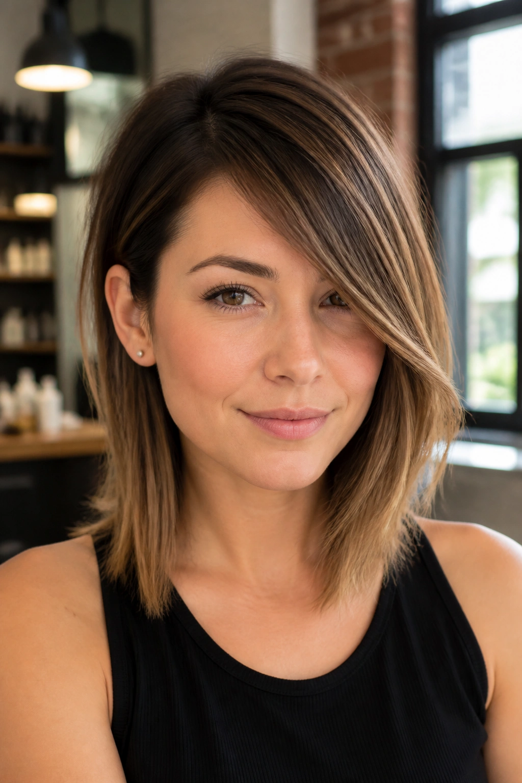 Close-up portrait of a real woman with a side-swept fringe lob in warm salon light