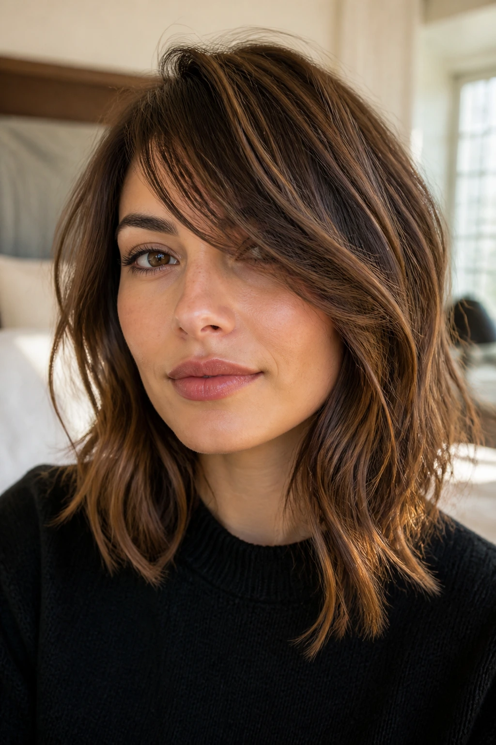 Close-up portrait of a real woman with a side-swept fringe long bob, natural window light
