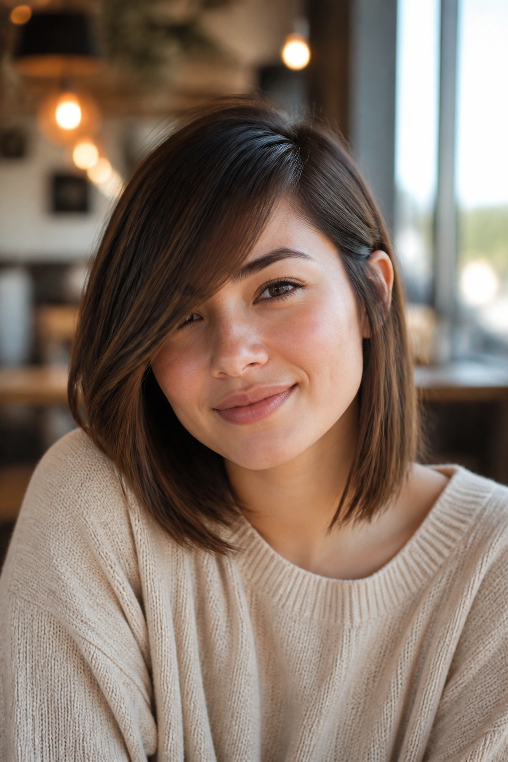 Real woman with side-swept fringe lob portrait