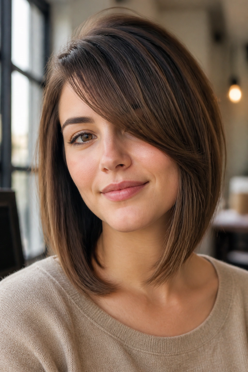 Close-up portrait of a real woman with side-swept fringe lob and soft crown volume in warm indoor light.
