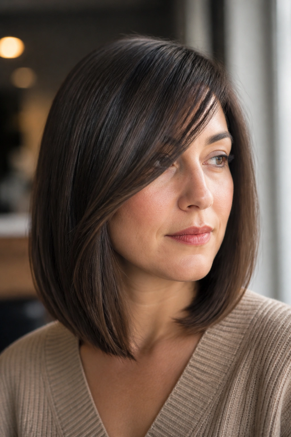 Portrait of a woman with a long smooth bob and side-swept fringe.