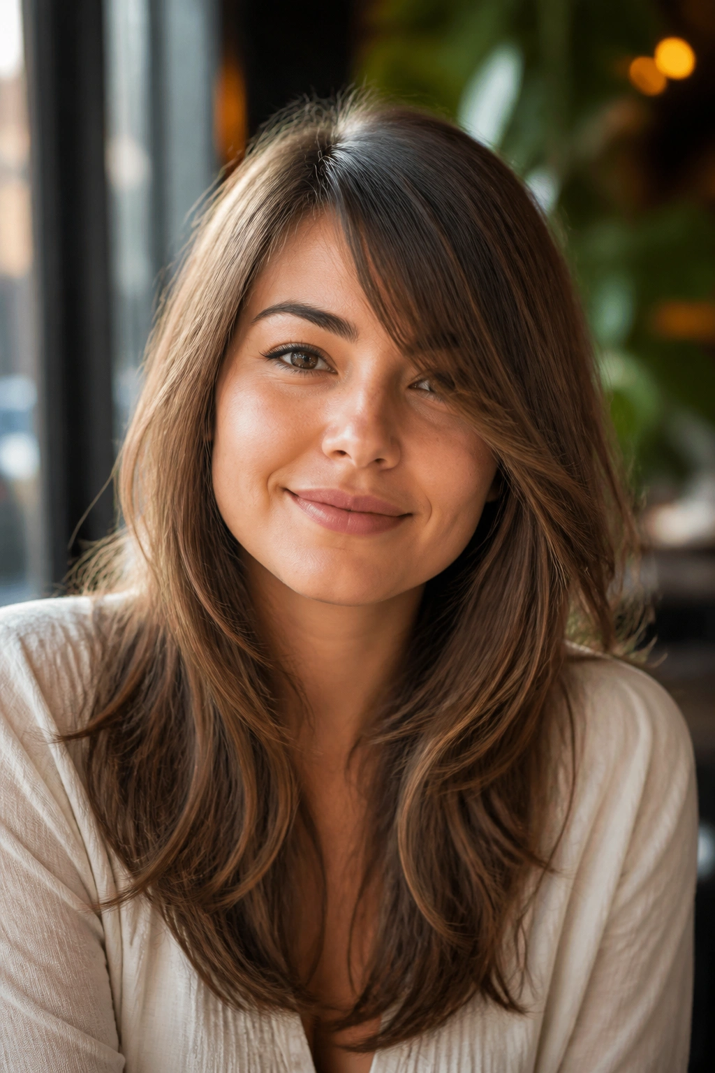 Portrait of a real woman with a side-swept fringe and long layers in a cafe setting.