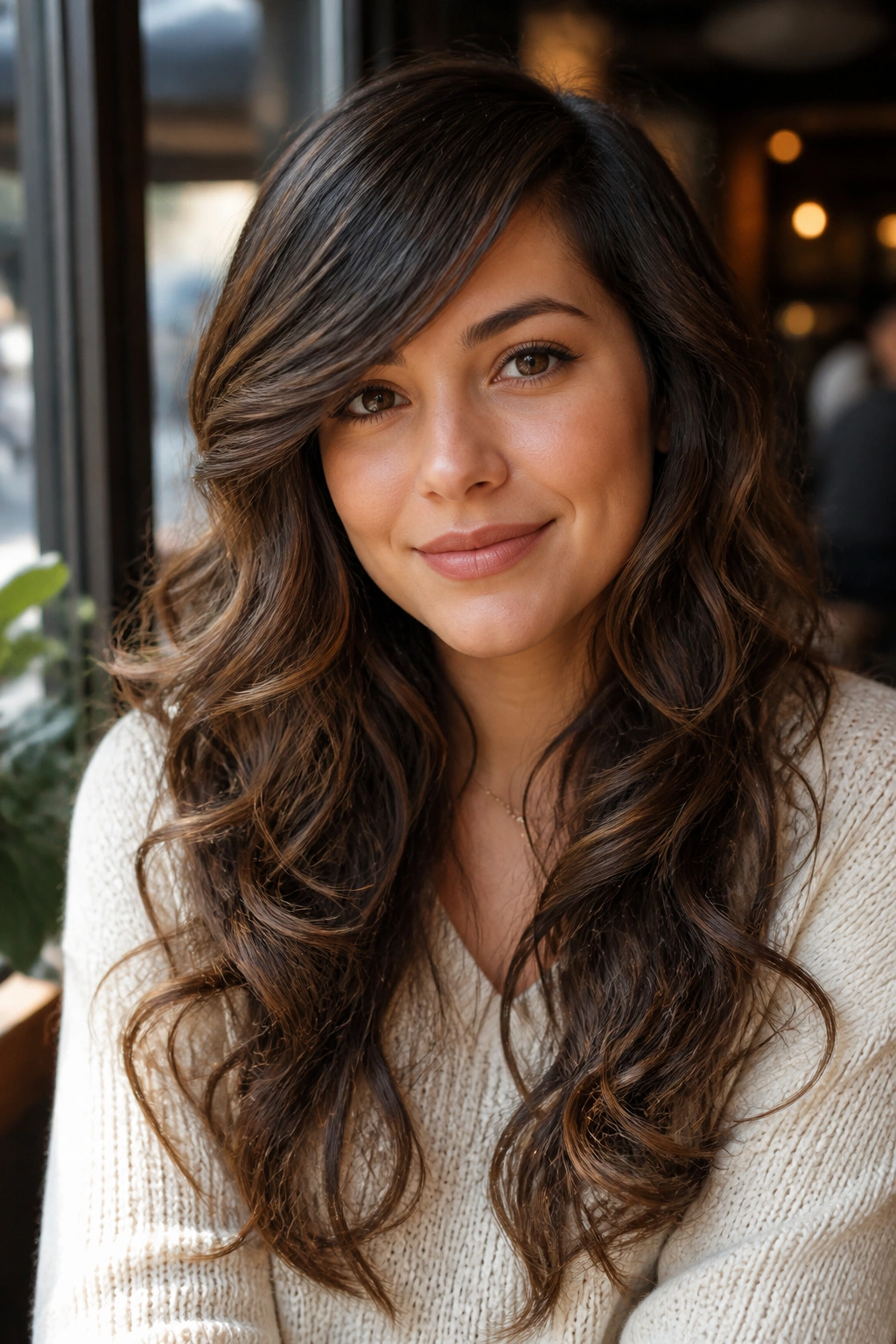 Real woman with side-swept fringe and low temple volume in natural light