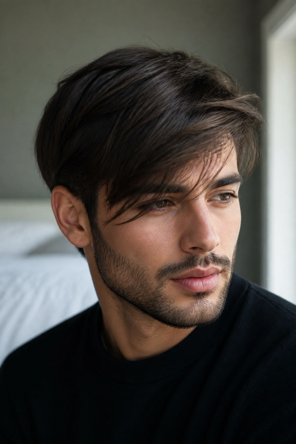 Close-up portrait of a real person with side-swept fringe hairstyle.