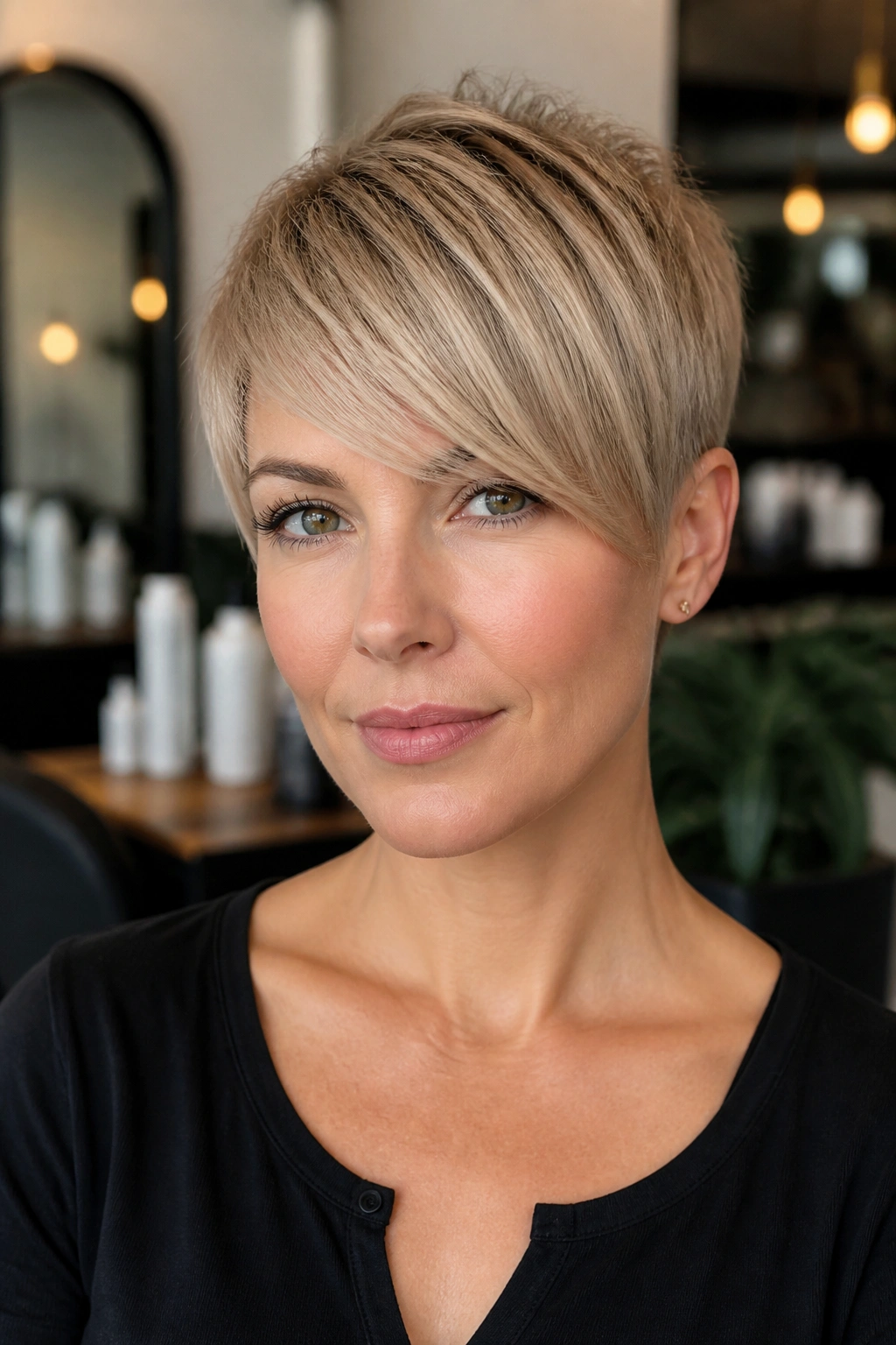 Portrait of a real woman with side-swept fringe pixie, oval face, soft window-lit salon background.
