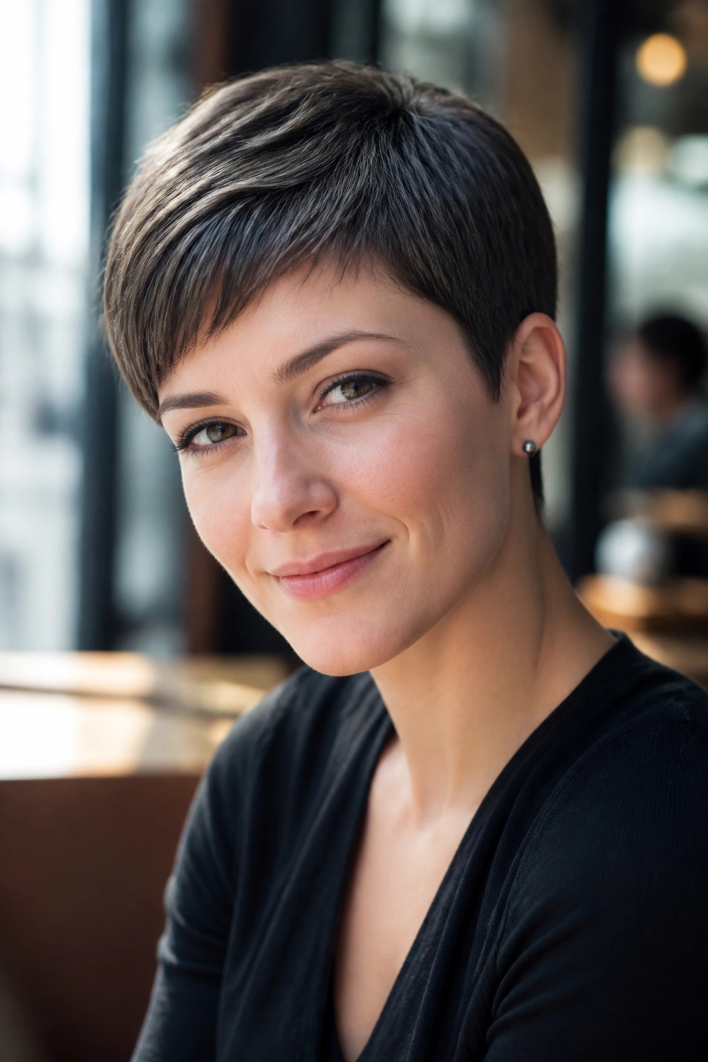 Close-up of a real woman with side-swept micro fringe pixie showing eyebrow-length fringe