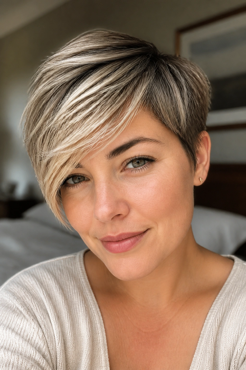 Close-up of a real woman with side-swept fringe pixie hairstyle