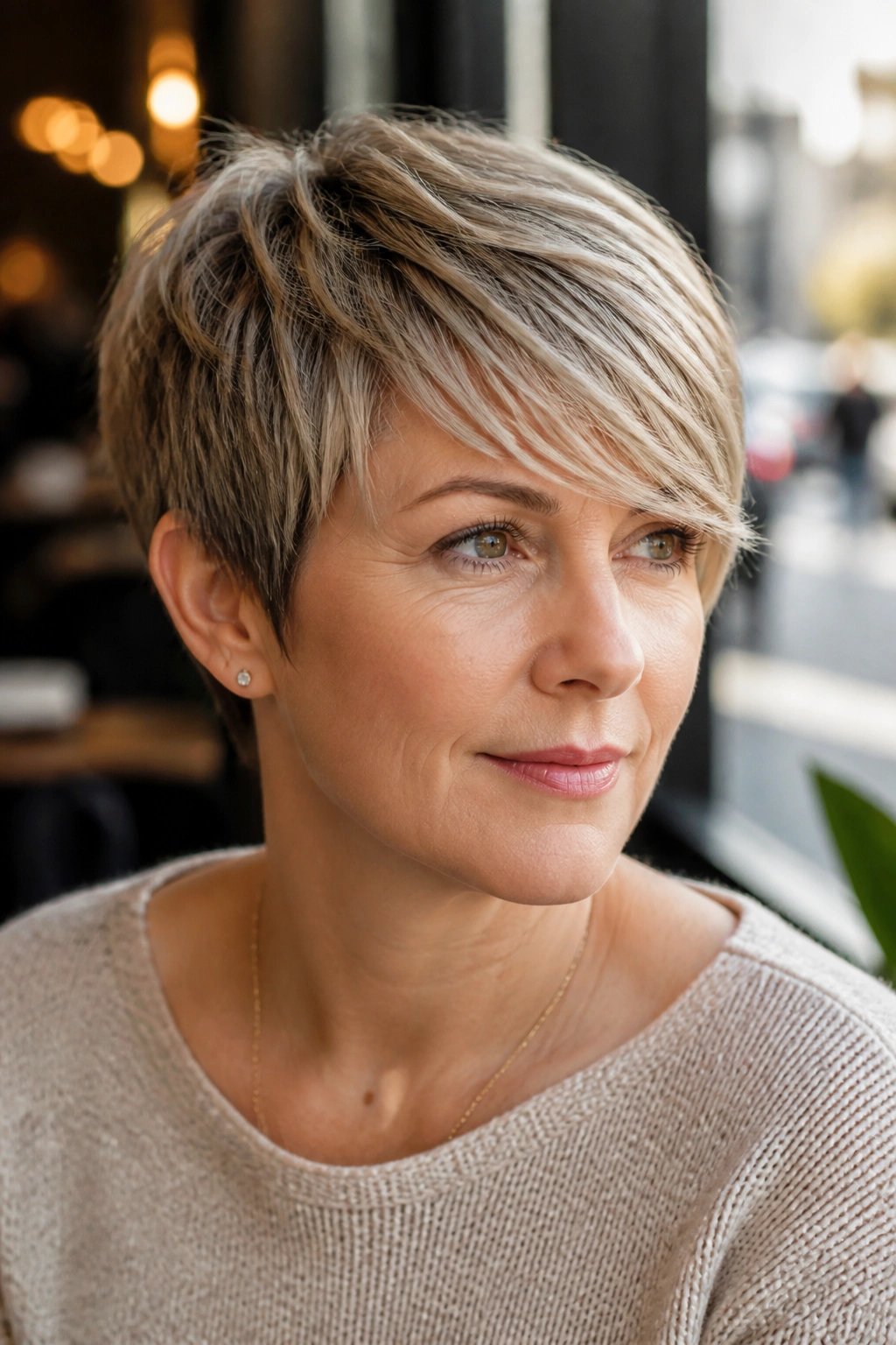 Portrait of a real woman with a side-swept fringe pixie across the forehead