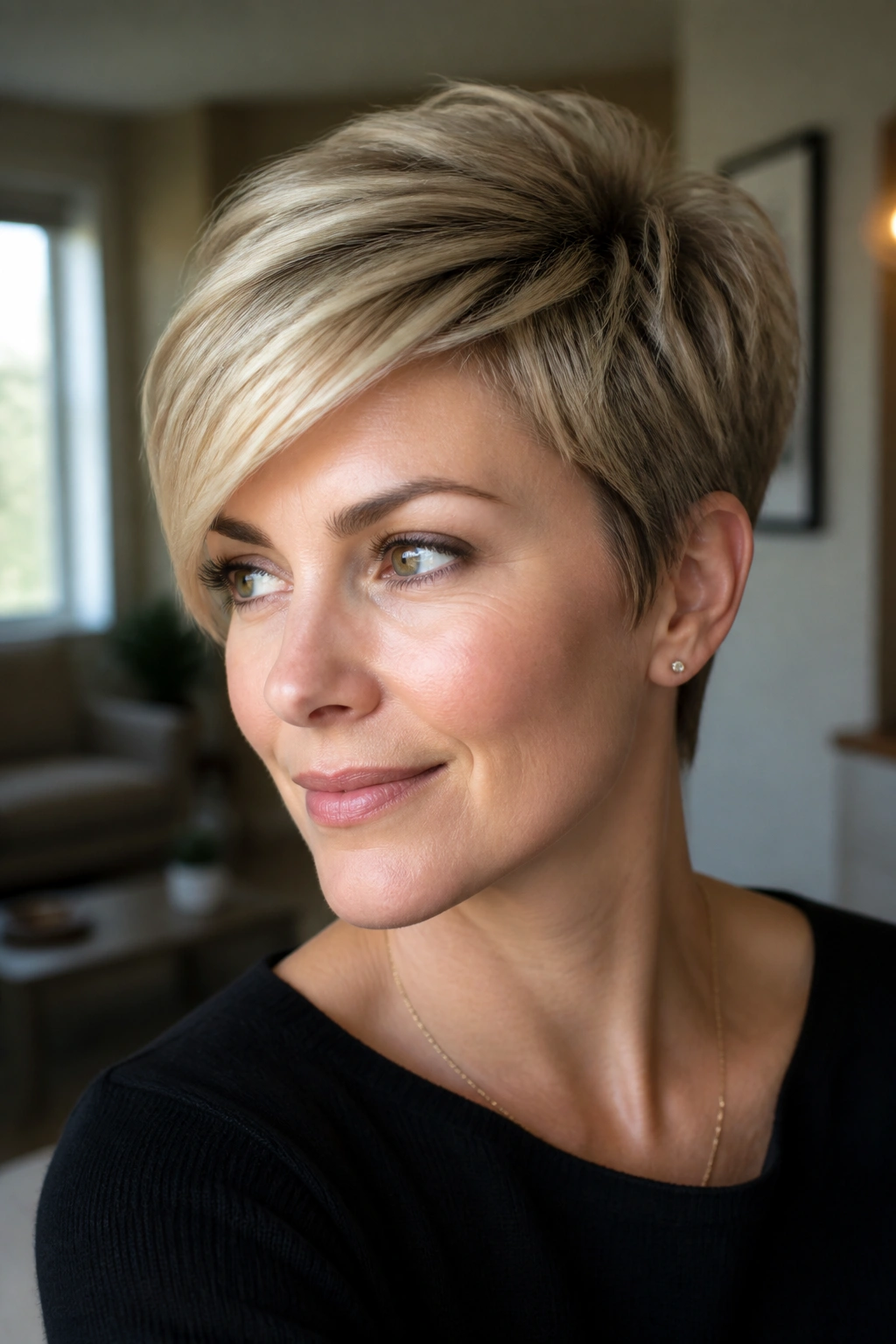 Portrait of a woman with a side-swept fringe pixie cut