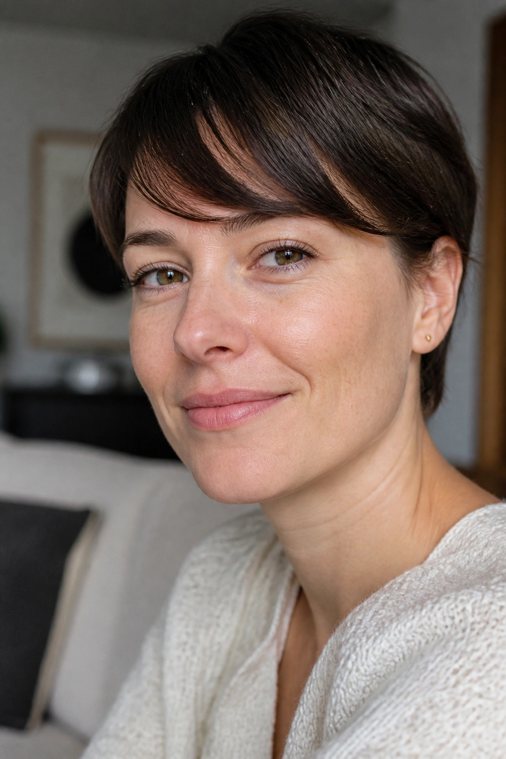 Real person with side-swept short fringe in a living room setting