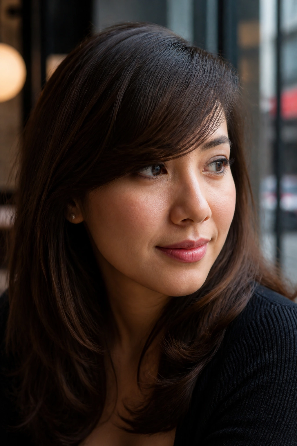 Close-up of a real person with a deep side-parted fringe sweeping across the forehead