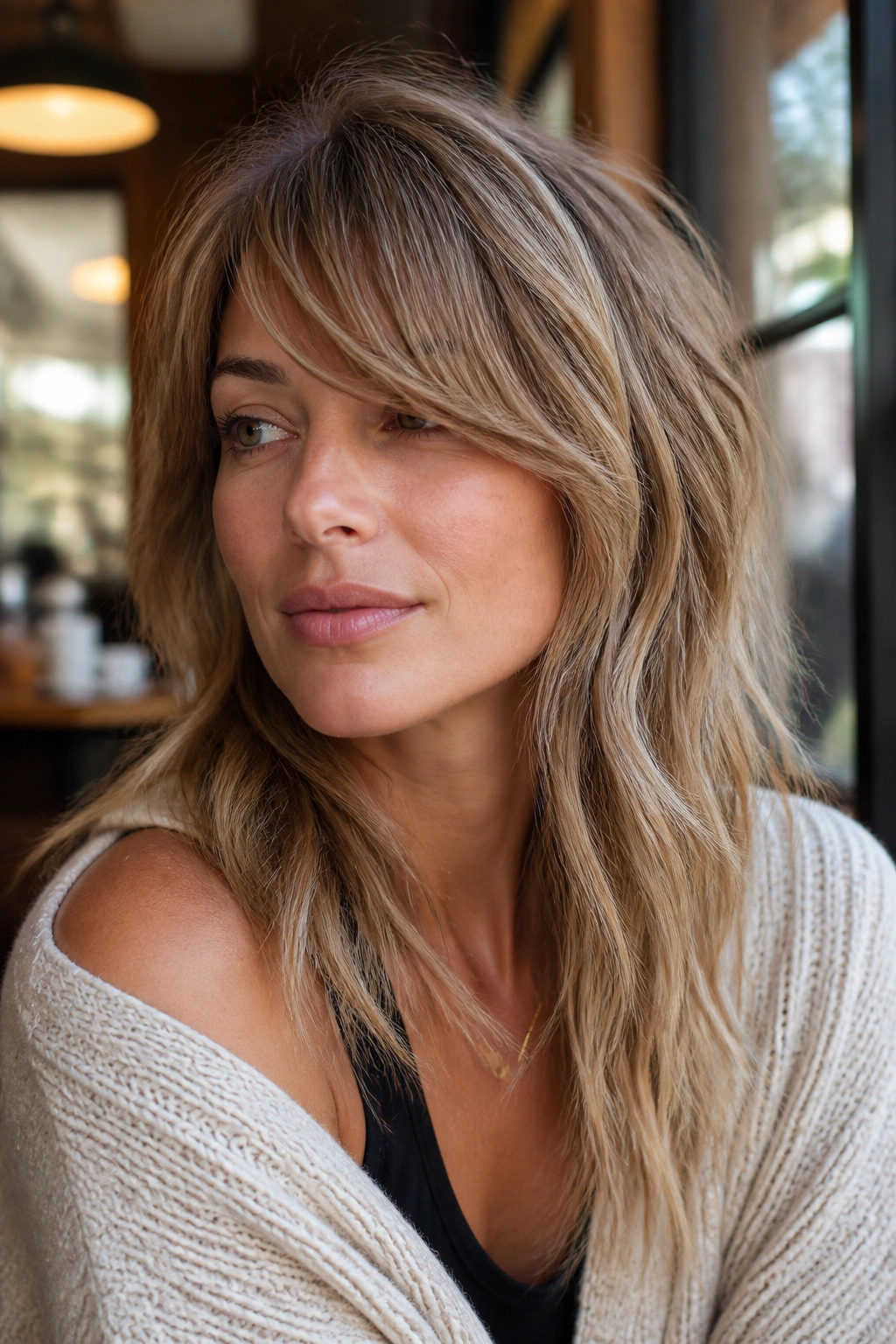 Portrait of a woman with side-swept fringe shag and soft waves in fine hair in cozy cafe light
