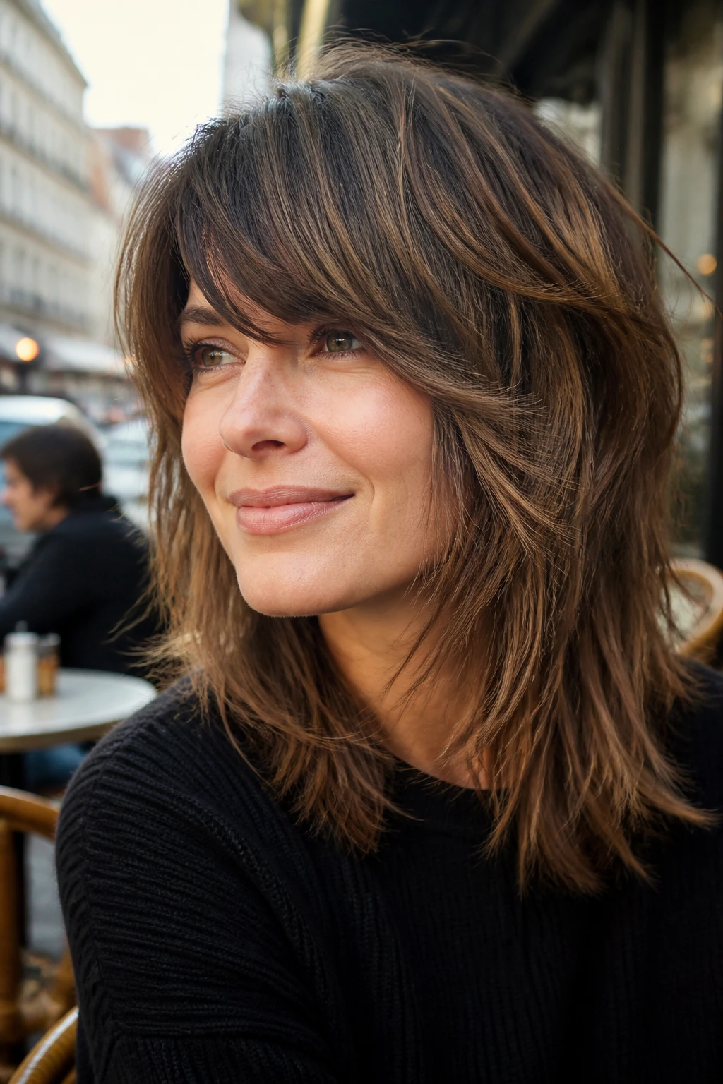 Close-up of a real woman with shag and side-swept fringe in outdoor cafe setting.