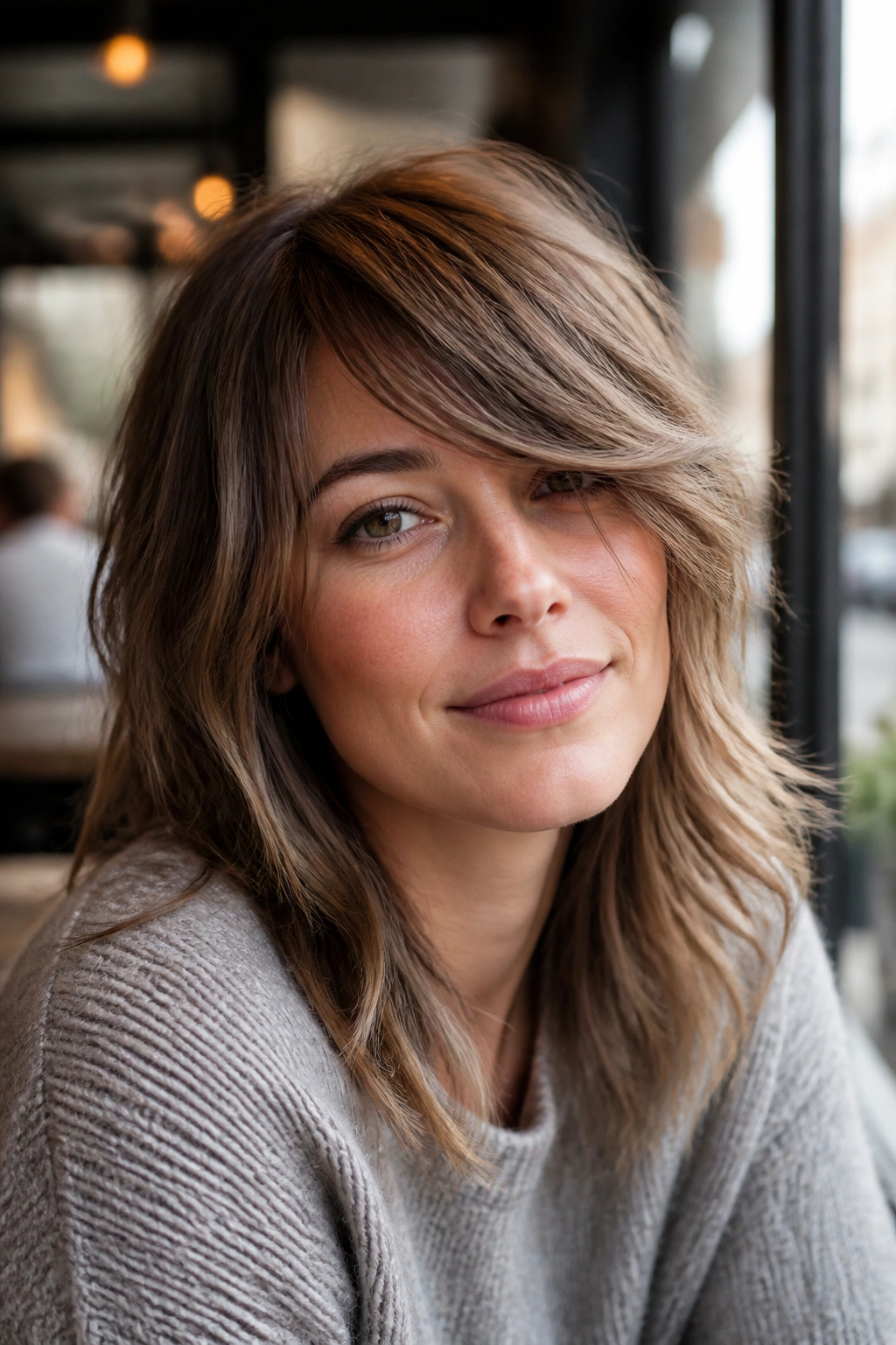 Portrait of a real woman with side-swept fringe shag.