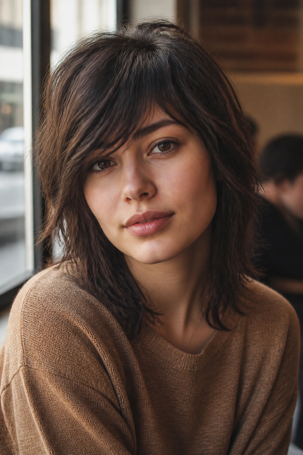 Close-up of real woman with side-swept fringe shag in cafe window light