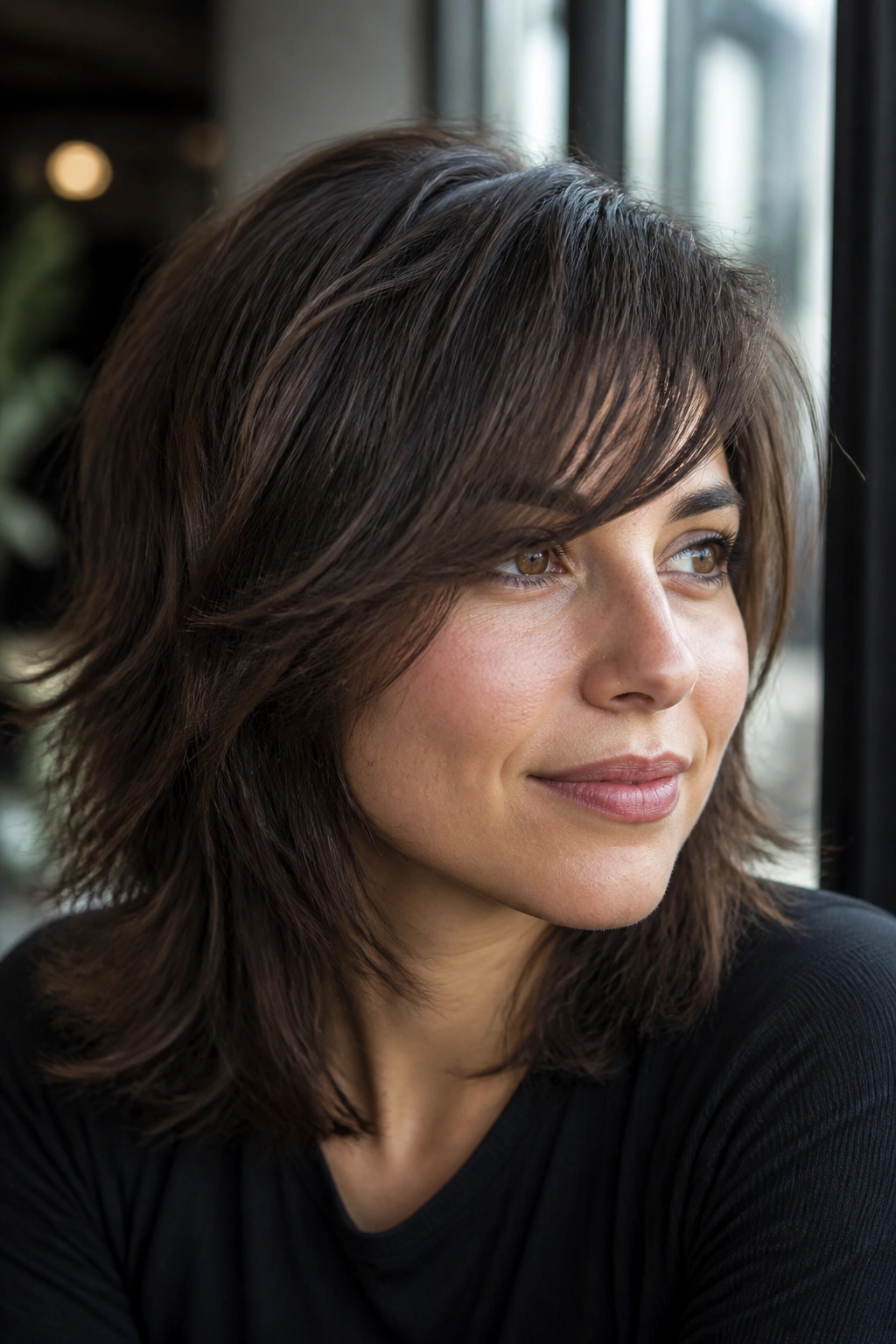 Close-up of a real woman with a diagonal side-swept fringe and shaggy layers in natural light