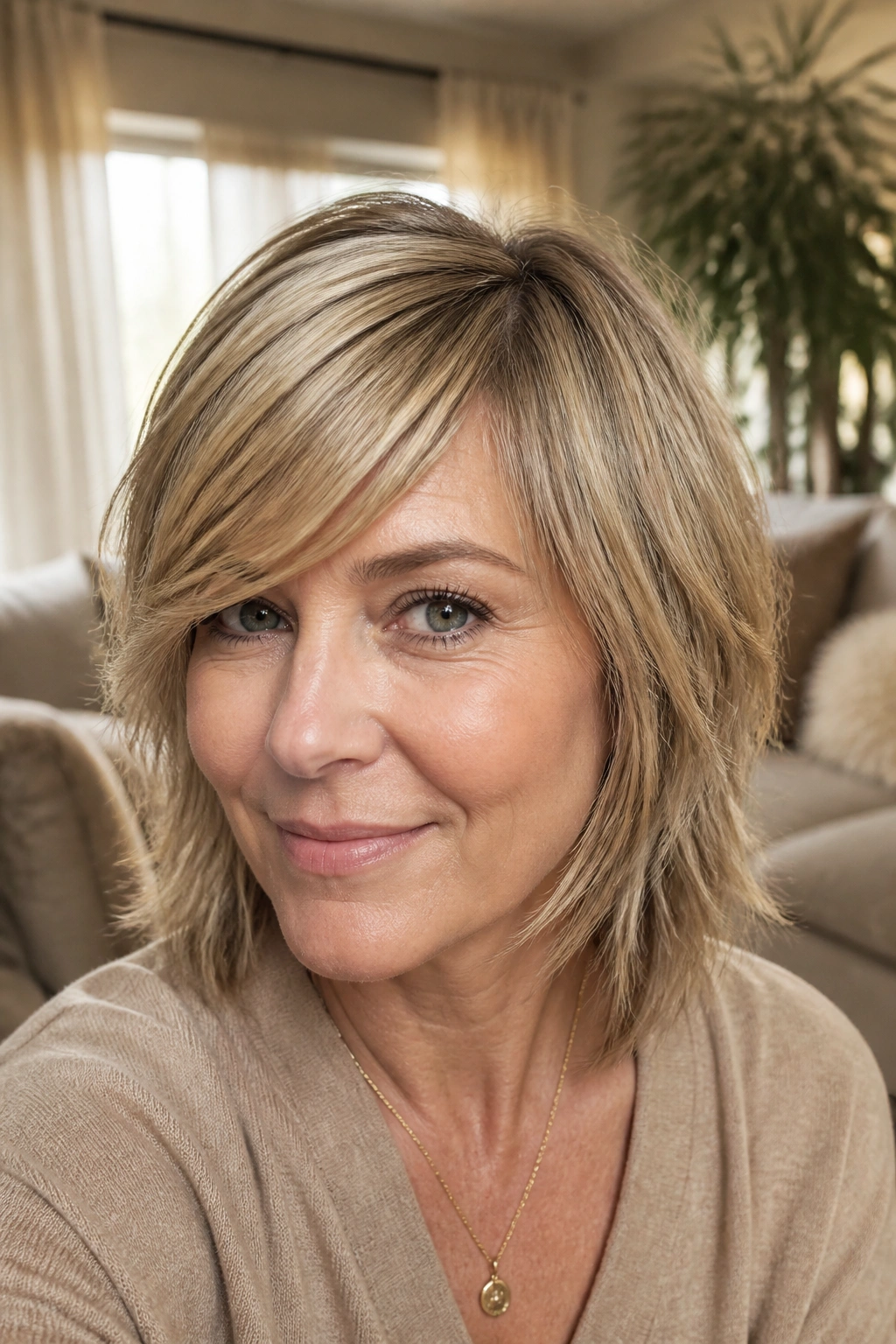 Portrait of a woman with side-swept fringe shag in a sunlit living room