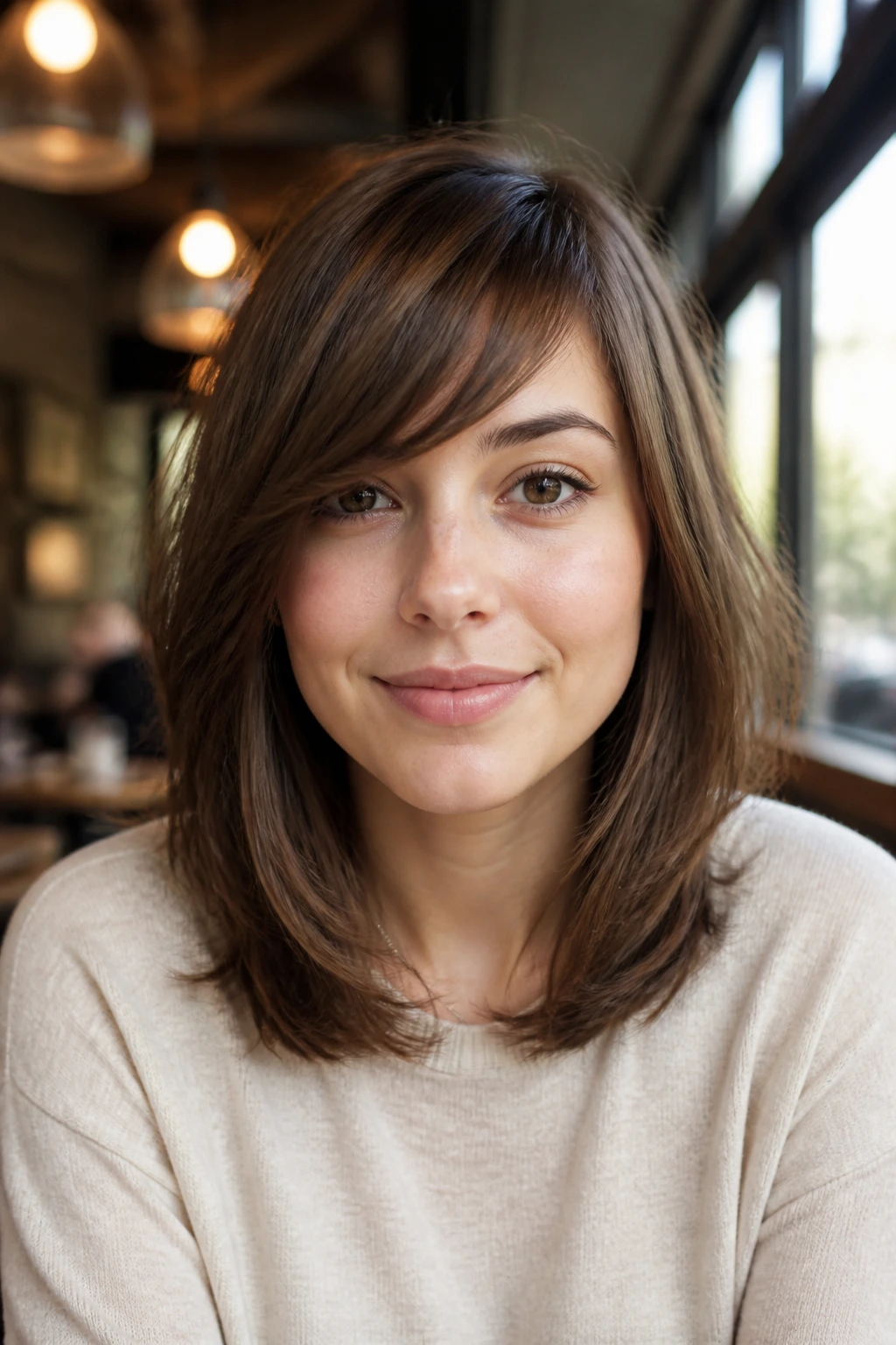 Close-up of real woman with side-swept fringe and shoulder layers in cafe light