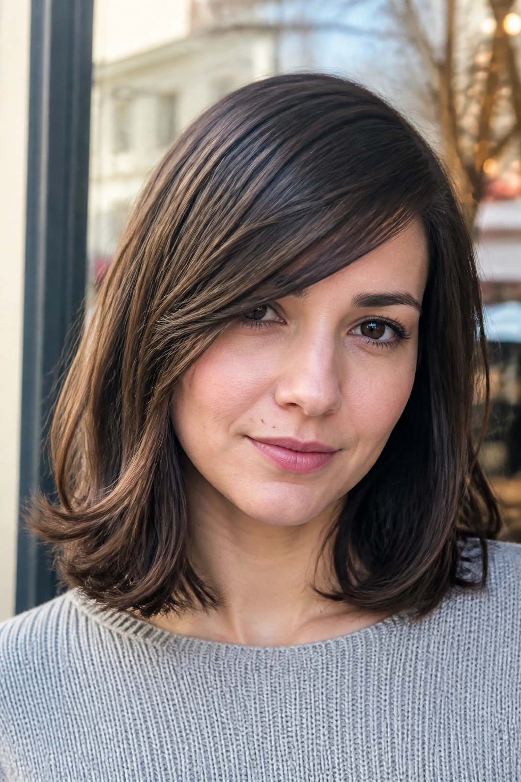 Portrait of real woman with side-swept fringe and shoulder-length hair.