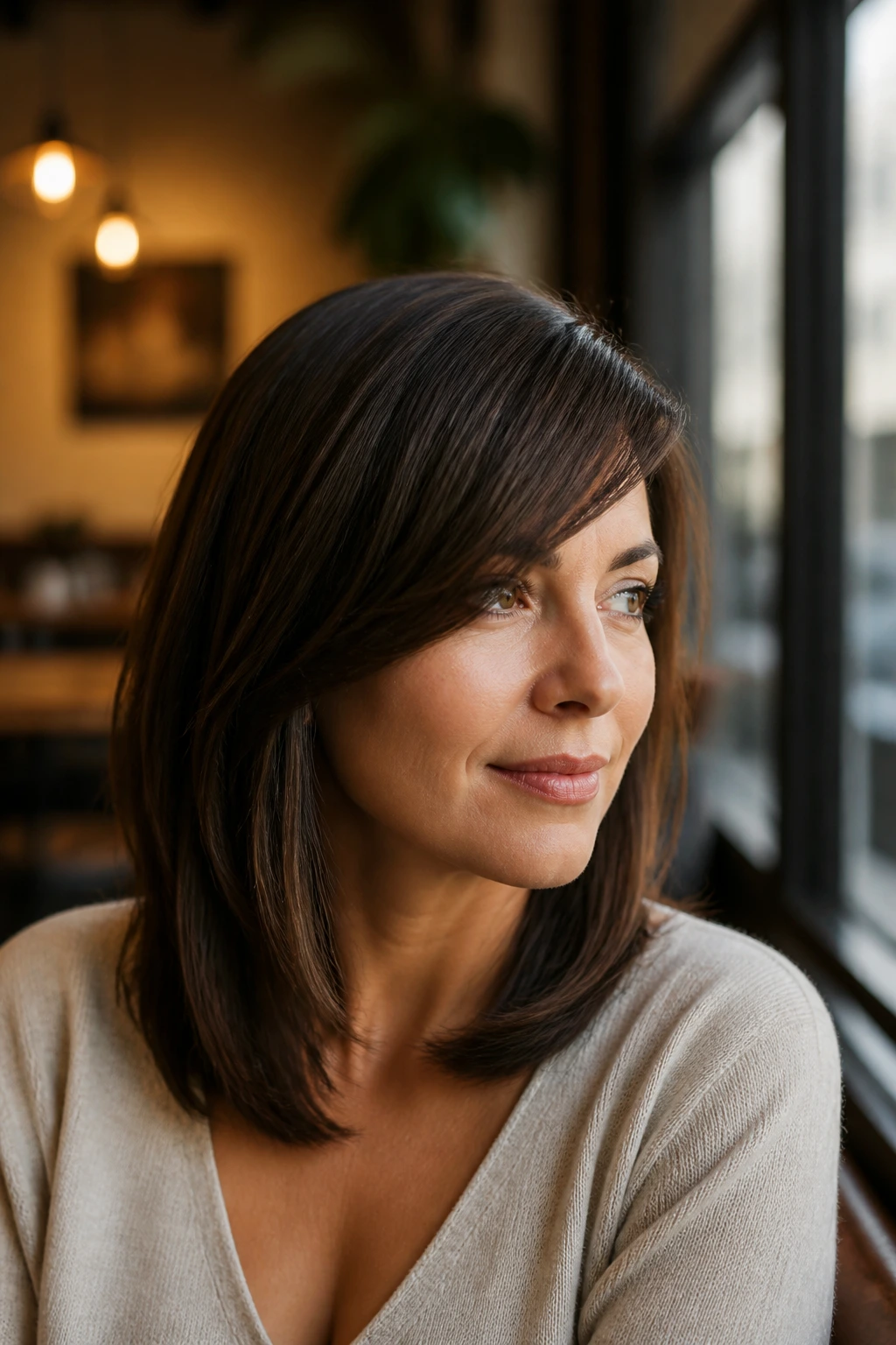 Close-up of a real woman with a side-swept fringe and shoulder-length layers.