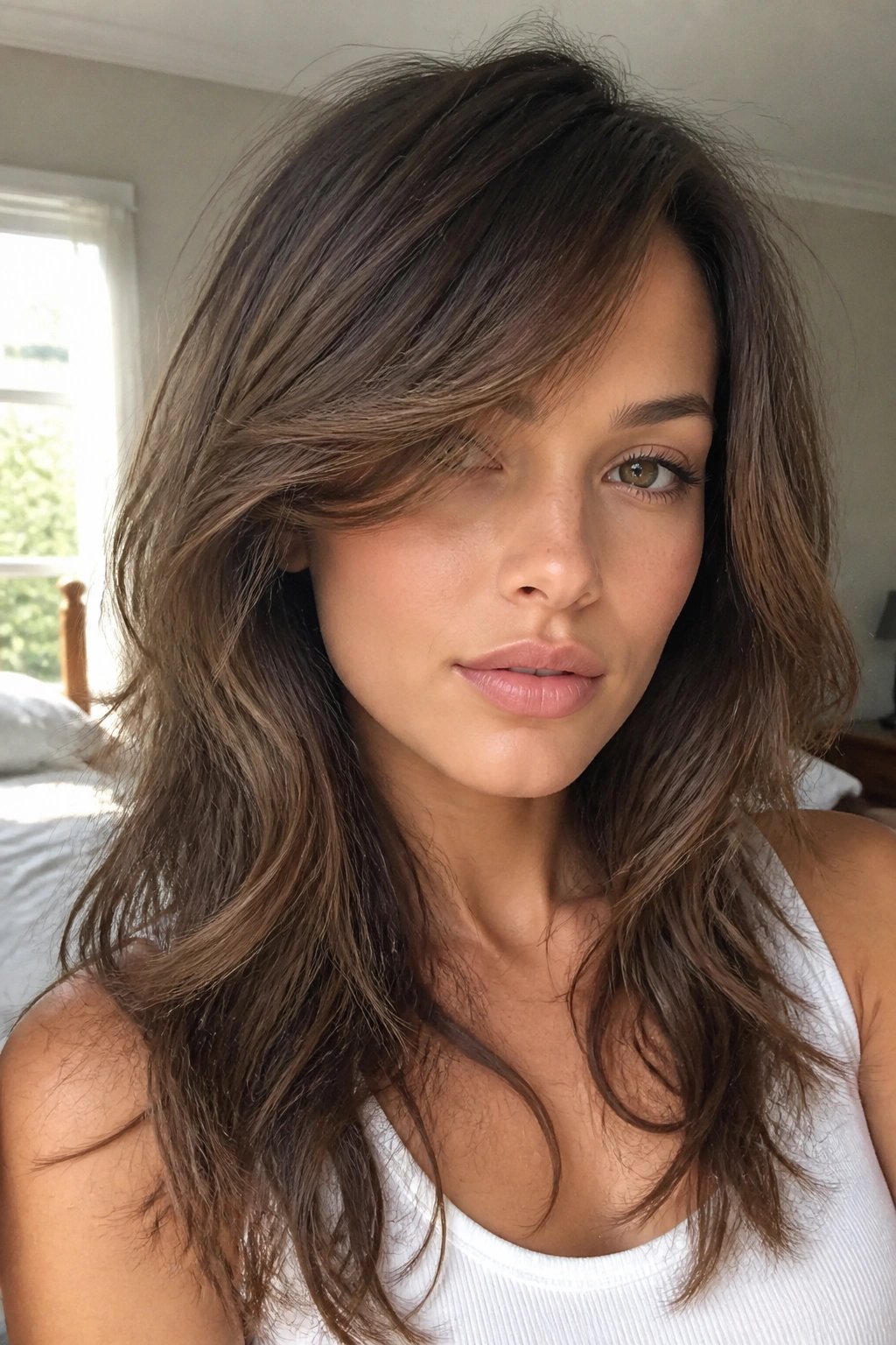 Close-up of a real woman with a side-swept fringe and soft layers in sunlit bedroom light
