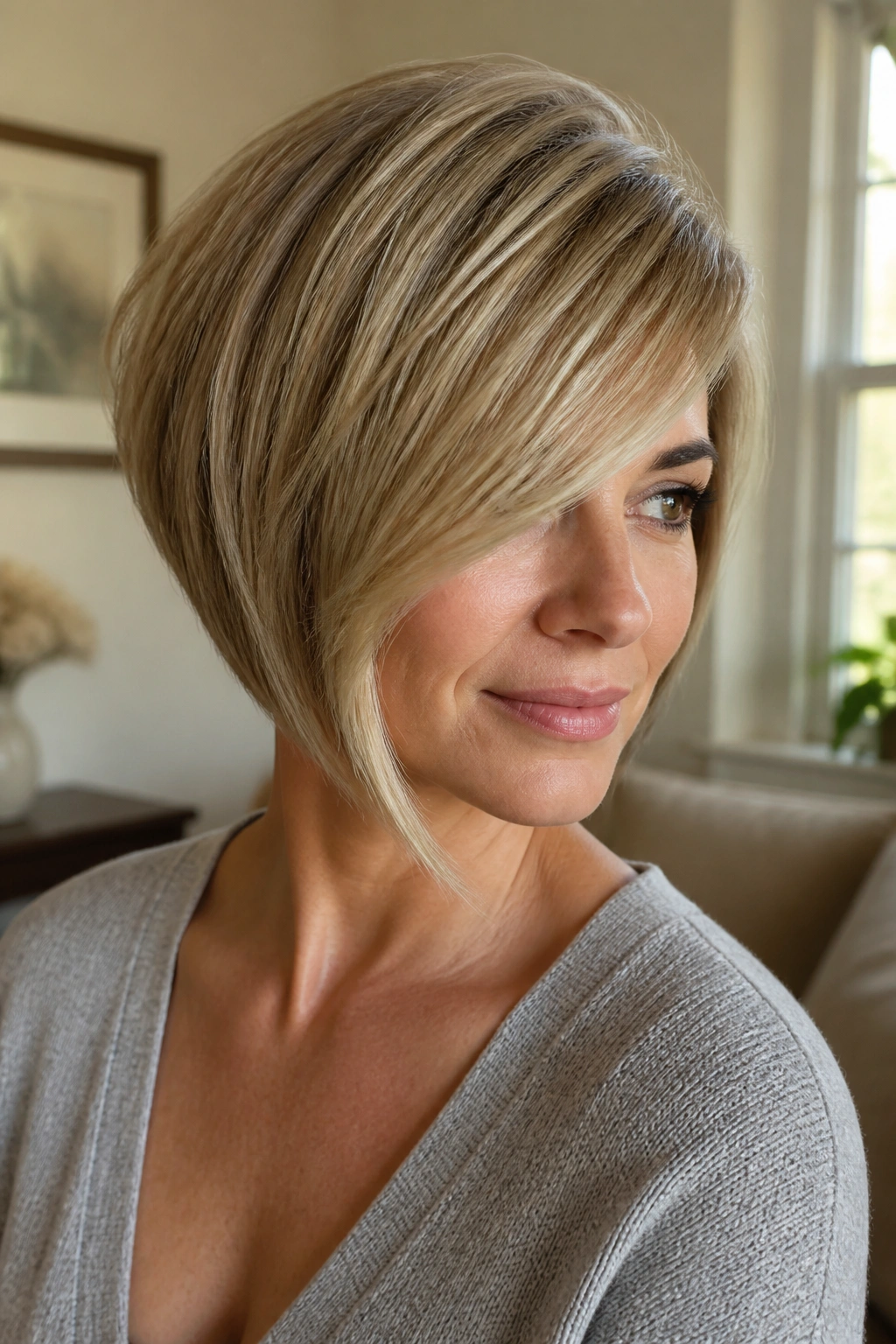 Close-up of a real woman with side-swept fringe stacked bob in soft daylight