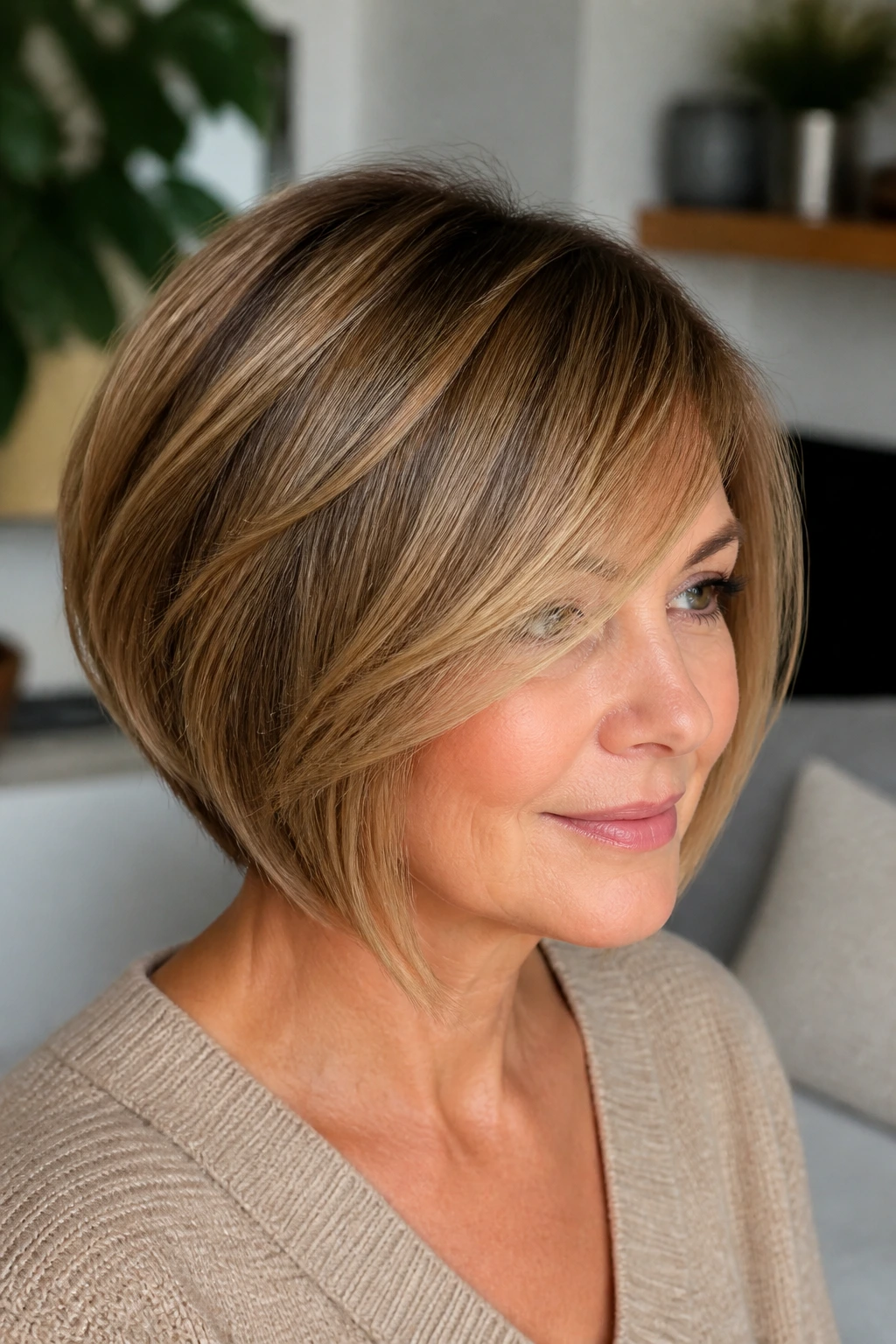 Real woman with side-swept fringe stacked bob in soft window light.