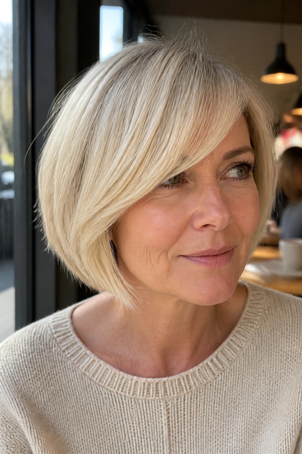 Close-up portrait of a woman with a side-swept fringe bob in vanilla blonde, sunlit setting.