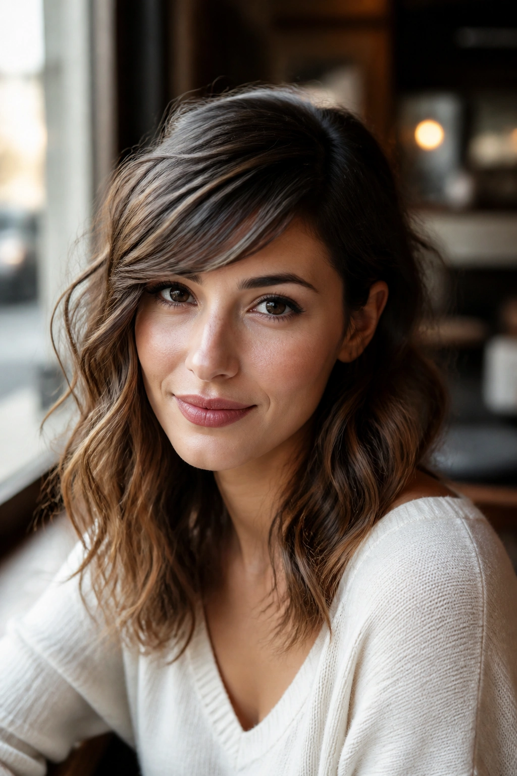Portrait of a woman with side-swept fringe and loose waves in warm window light.