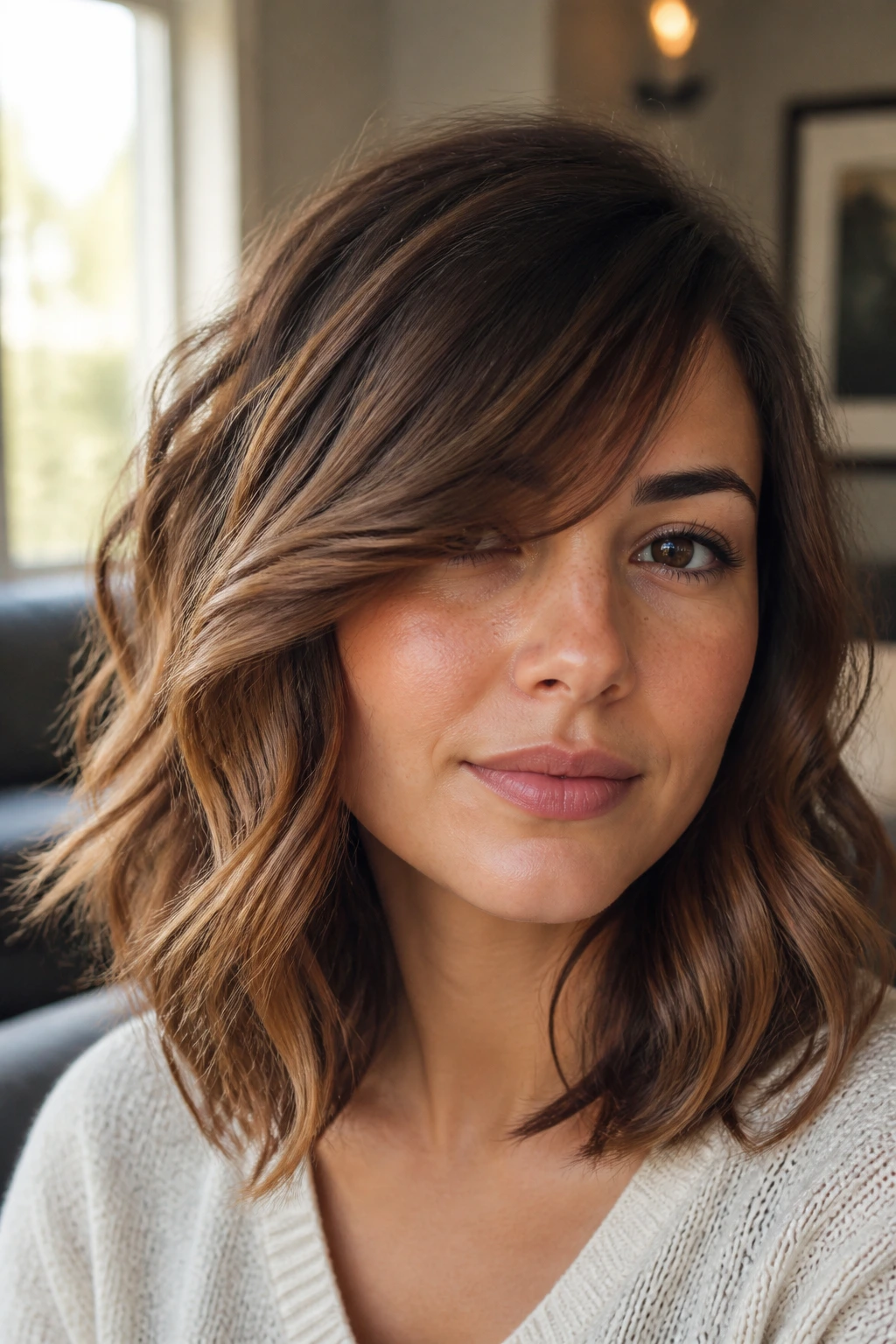 Close-up of a real woman's side-swept fringe wavy lob in warm window light