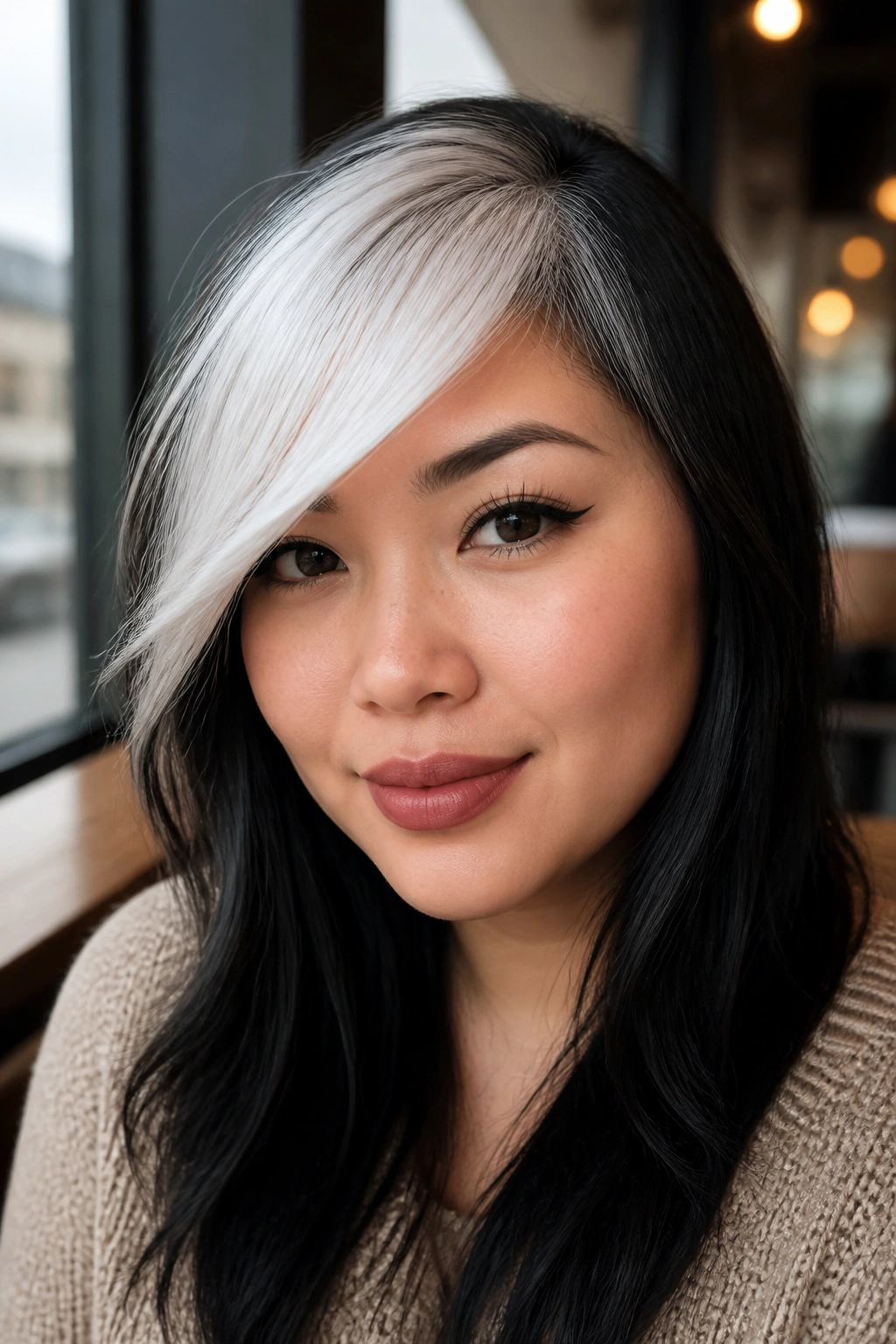 Close-up of a real woman with a side-swept white fringe over dark hair in a cafe setting.