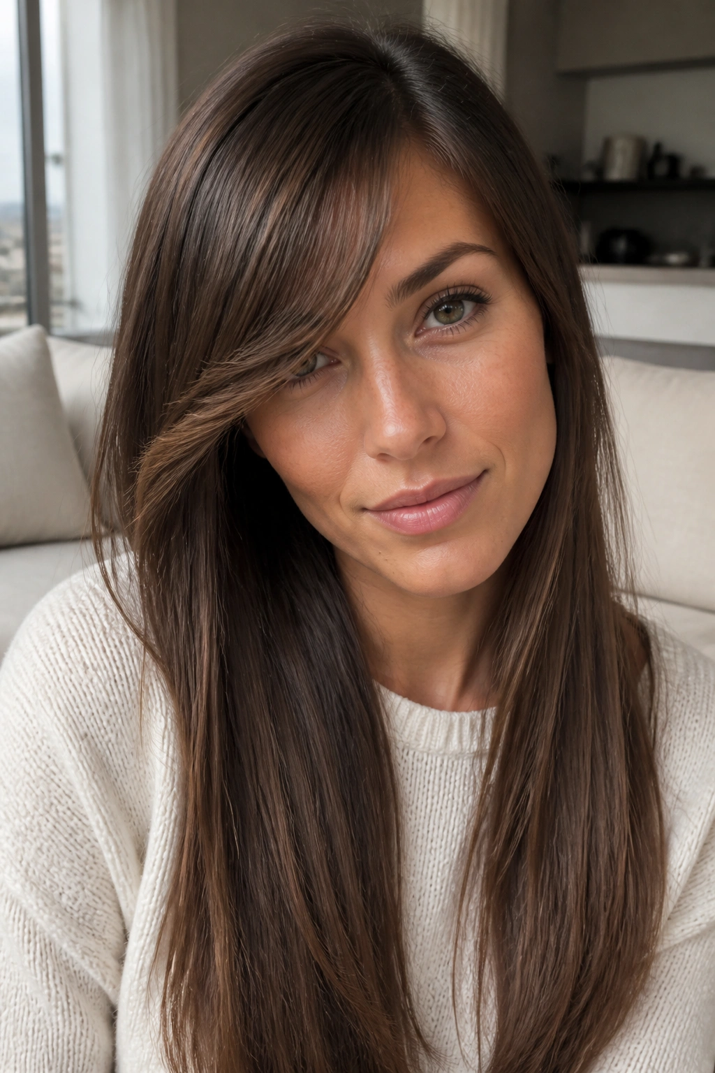 Close-up of a woman with a side-swept front section across her forehead