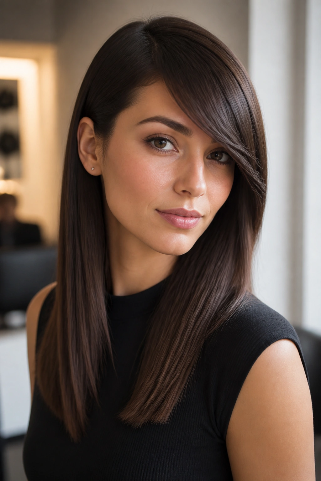 Portrait of a woman with side-swept front and pin-straight ends