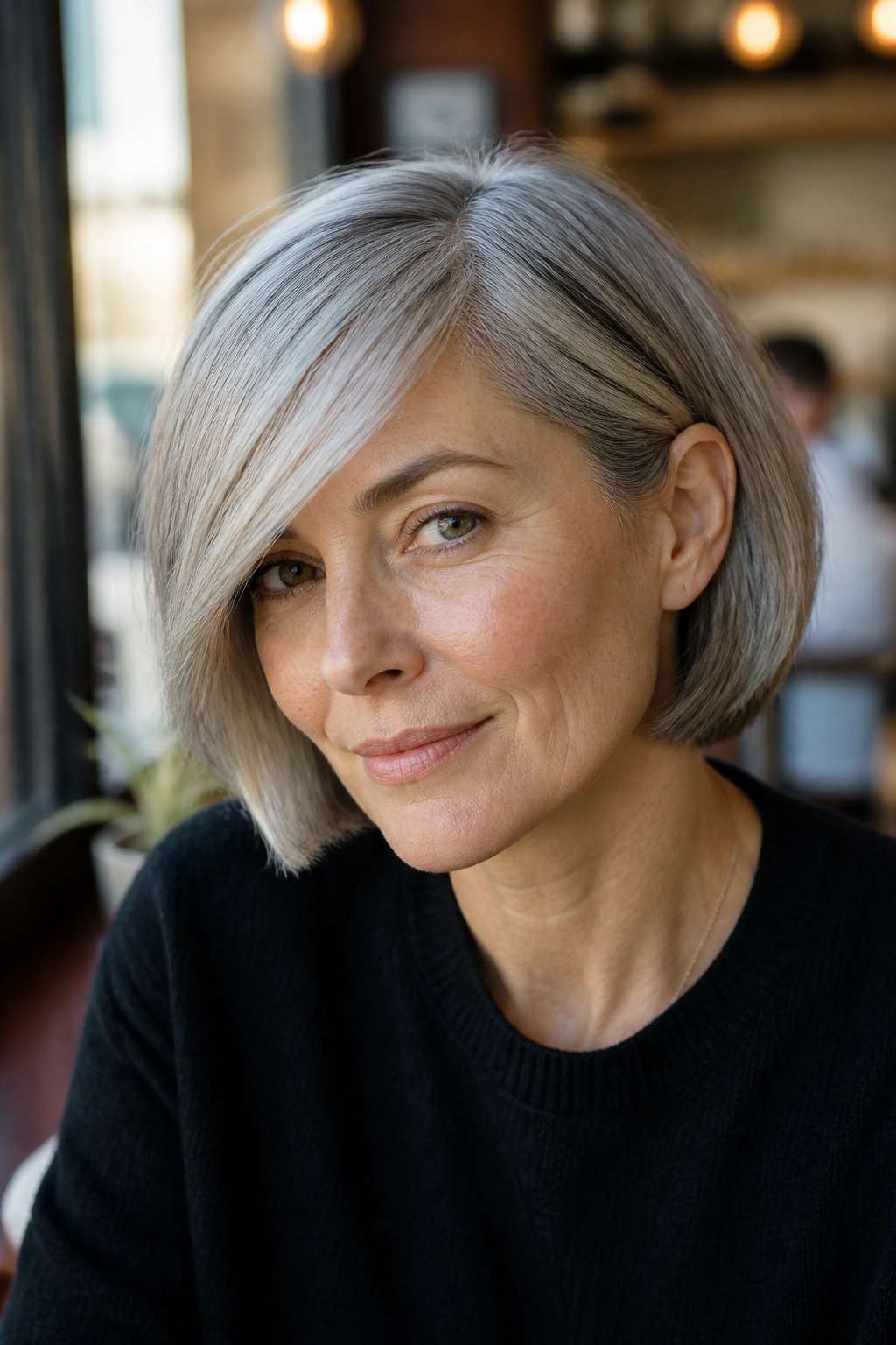 Portrait of a woman with side-swept gray bob bangs.