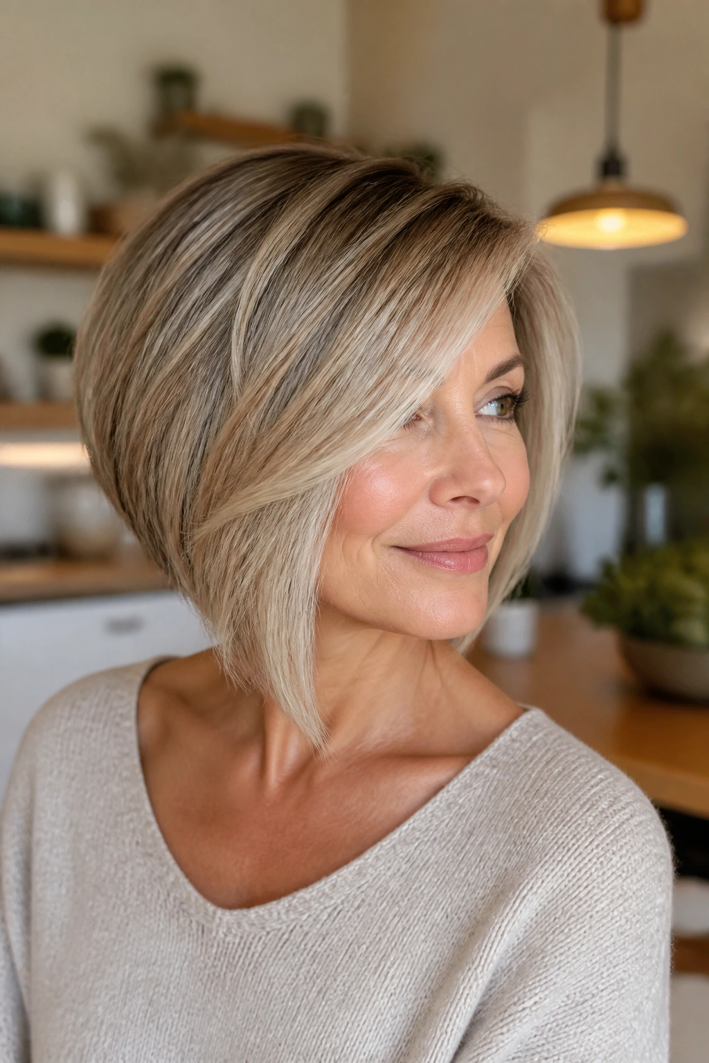 Real person with side-swept layered inverted bob, hair diagonal across shoulder