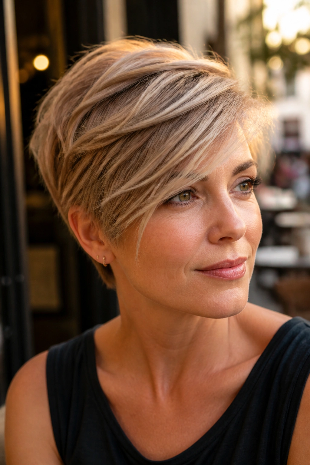 Close-up of a real person with a diagonal side-swept layered crop in golden hour light
