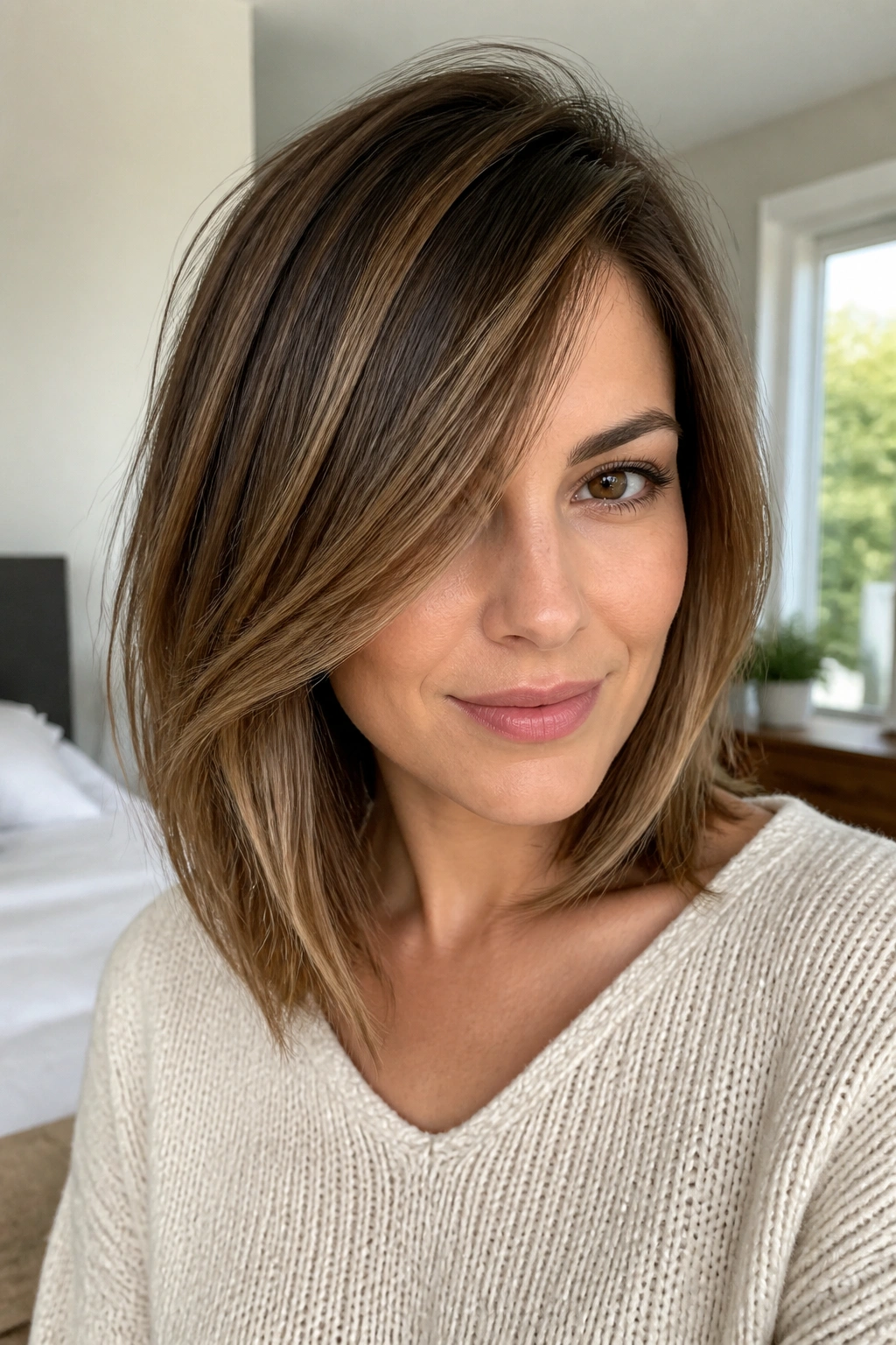 Real woman with side-swept layered lob and long fringe