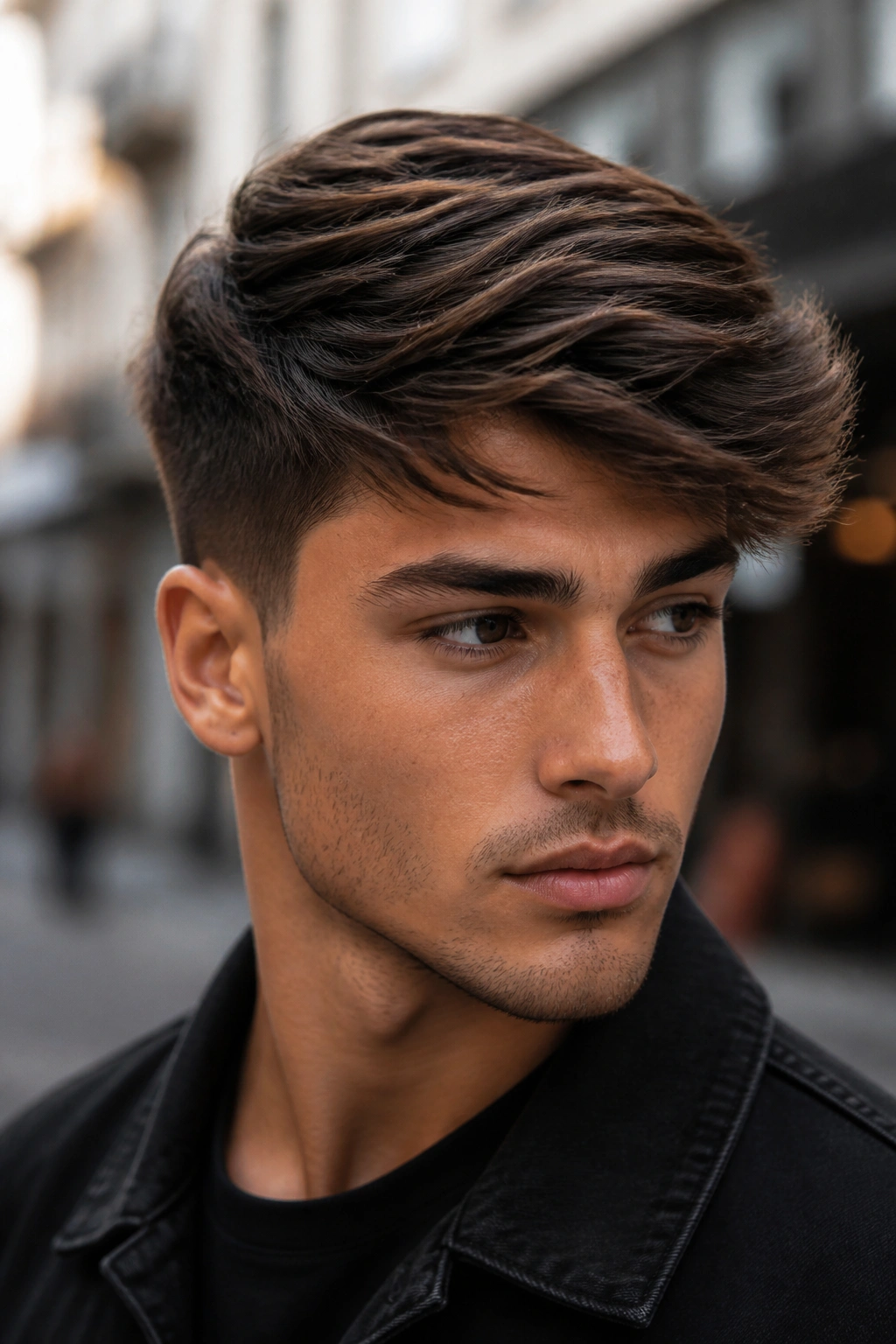 Portrait of a man with a side-swept layered top in a city street setting