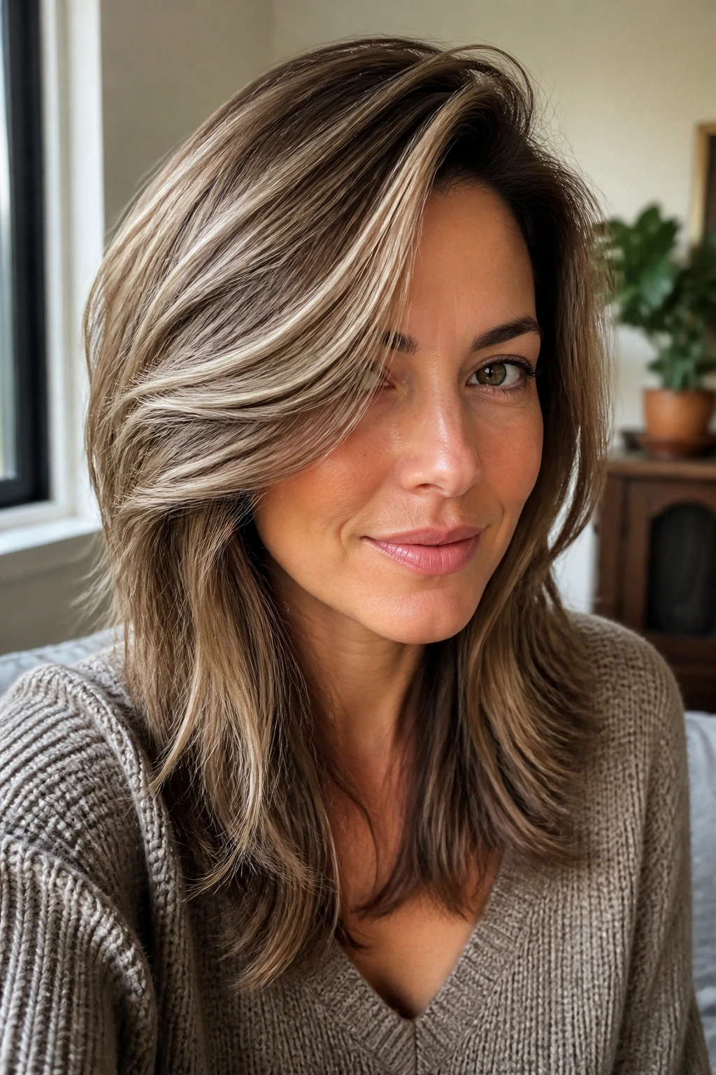 Portrait of side-swept front layers with a deep part framing the cheekbone