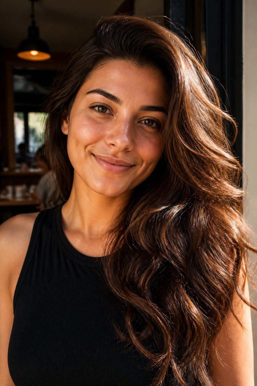 Close-up of a real woman with thick wavy hair in a side-swept layers hairstyle