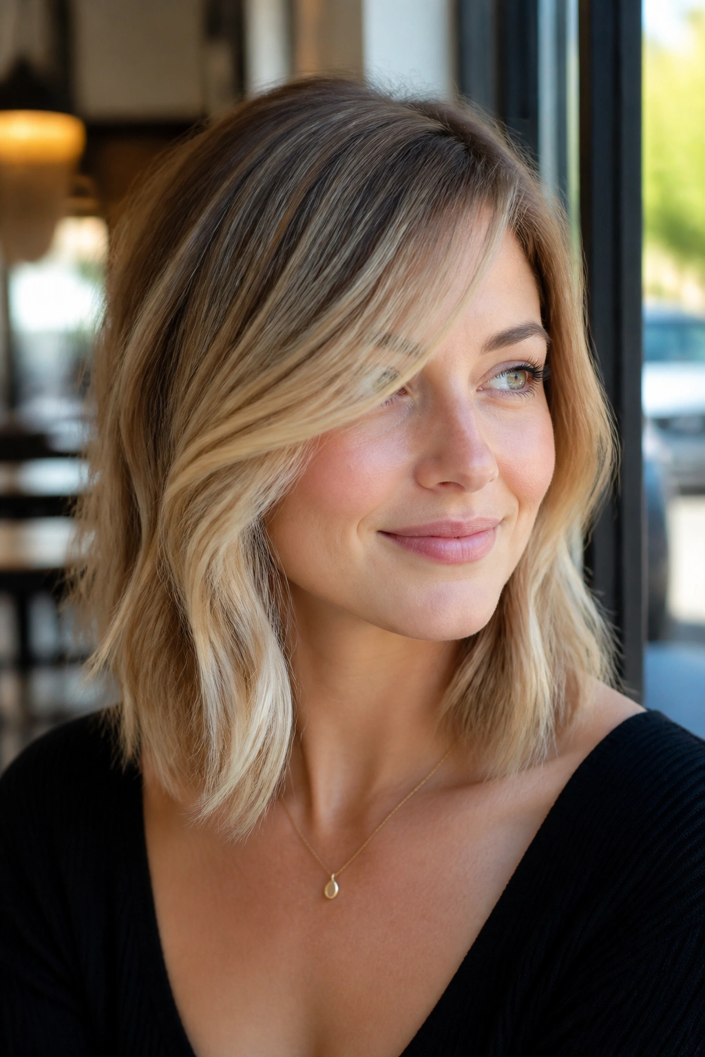 Close-up of a real woman with a side-swept lob and soft ends