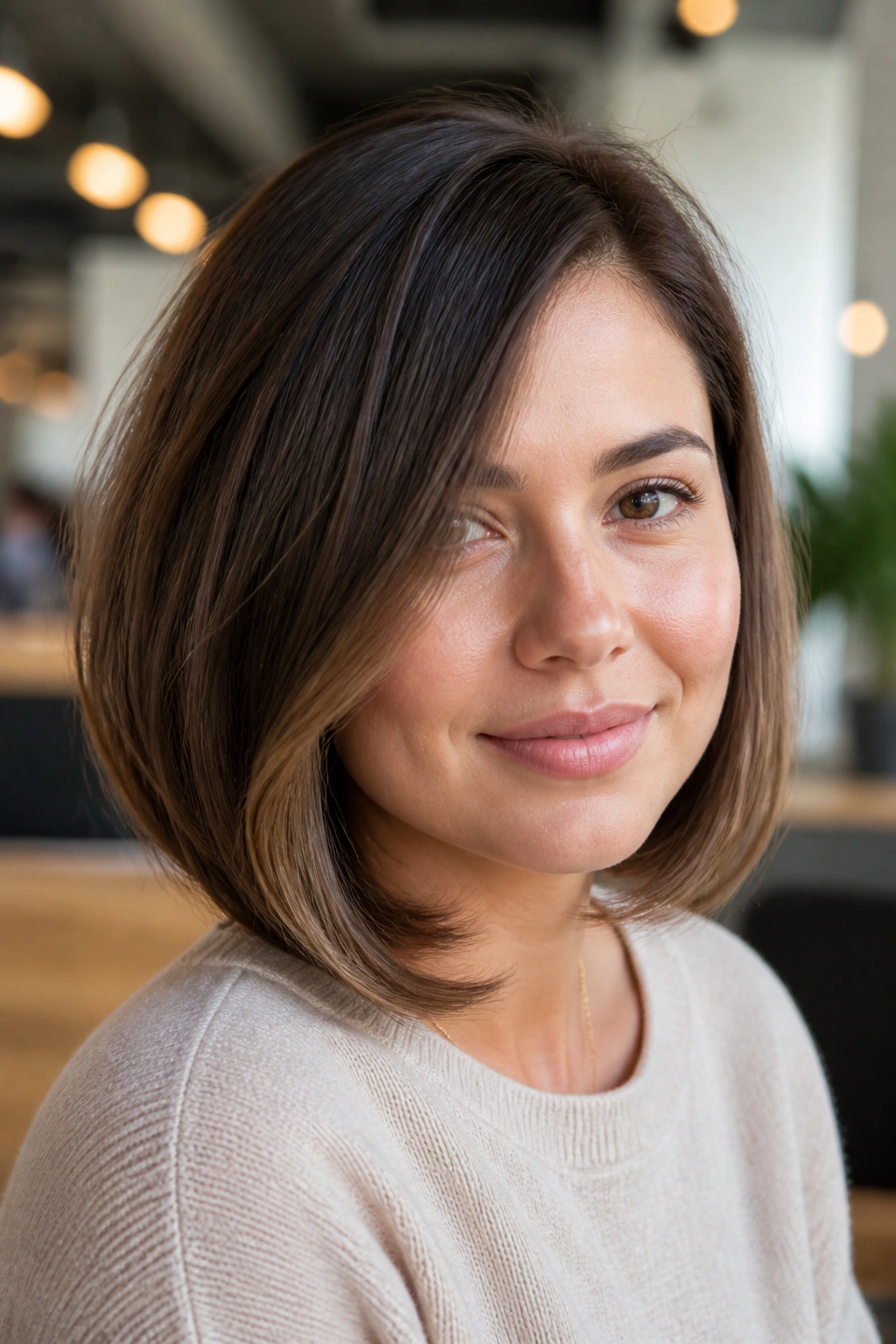 Portrait of a real woman with a side-swept lob and bent-under ends